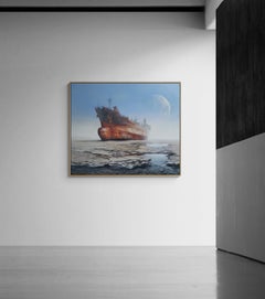 Large Surrealistic Acrylic on Canvas Desert Landscape with Ship "Going Nowhere"