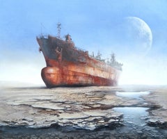 Large Surrealistic Acrylic on Canvas Desert Landscape with Ship "Going Nowhere"
