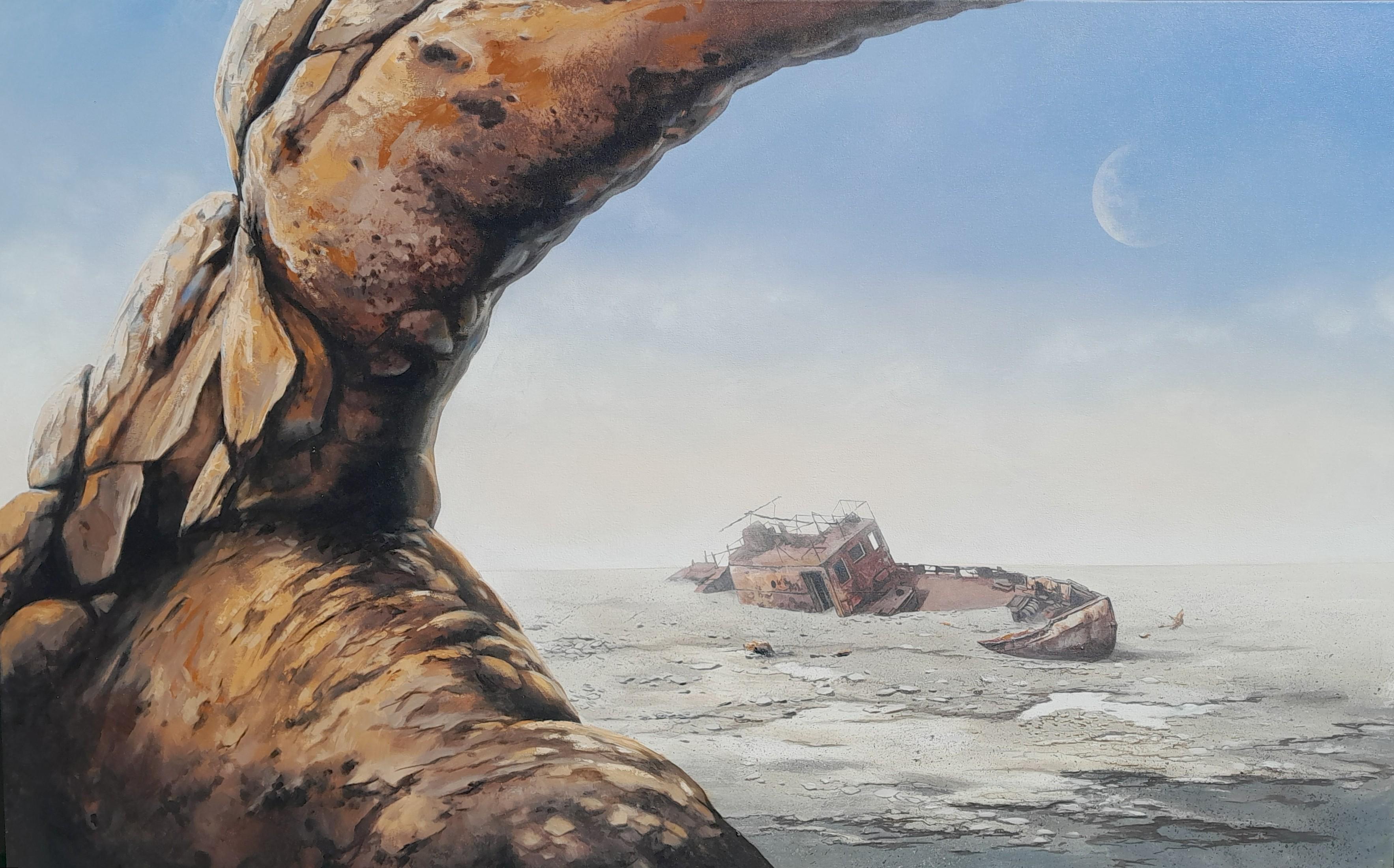 Large Surrealistic Acrylic on Canvas Desert Landscape with Shipwreck "The Arch"