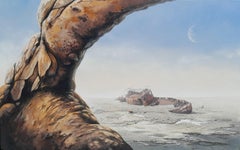 Gran Acrílico Surrealista sobre Lienzo Paisaje Desértico con Naufragio "El Arco"