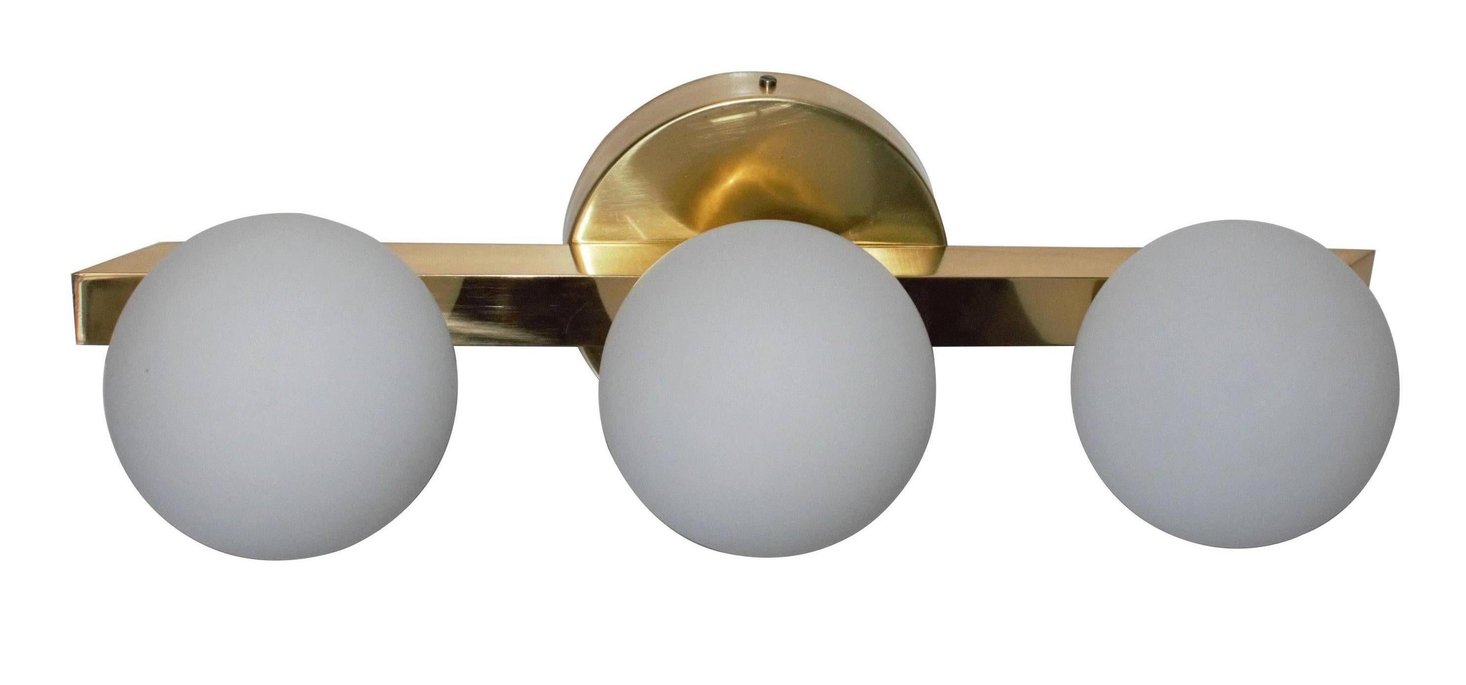 Italian Murano wall light or flush mount with hand blown frosted white Murano glass globes, mounted on polished brass metal finish frame / Designed by Fabio Bergomi for Fabio Ltd / Made in Italy 
3 lights / E12 or E14 type / max 40W each  
Height: