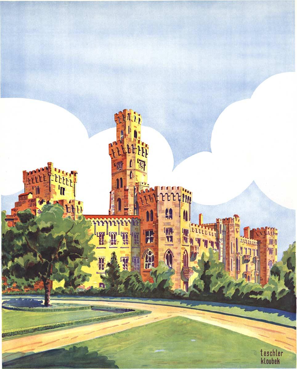 Castillo original de Hluboká  Cartel de viaje vintage del castillo de Hluboka - Landscape Print Gris de Teschler Kloubek