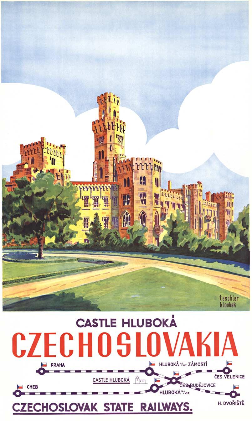 Teschler Kloubek Landscape Print - Original Hluboká Castle  Castle Hluboka vintage travel poster
