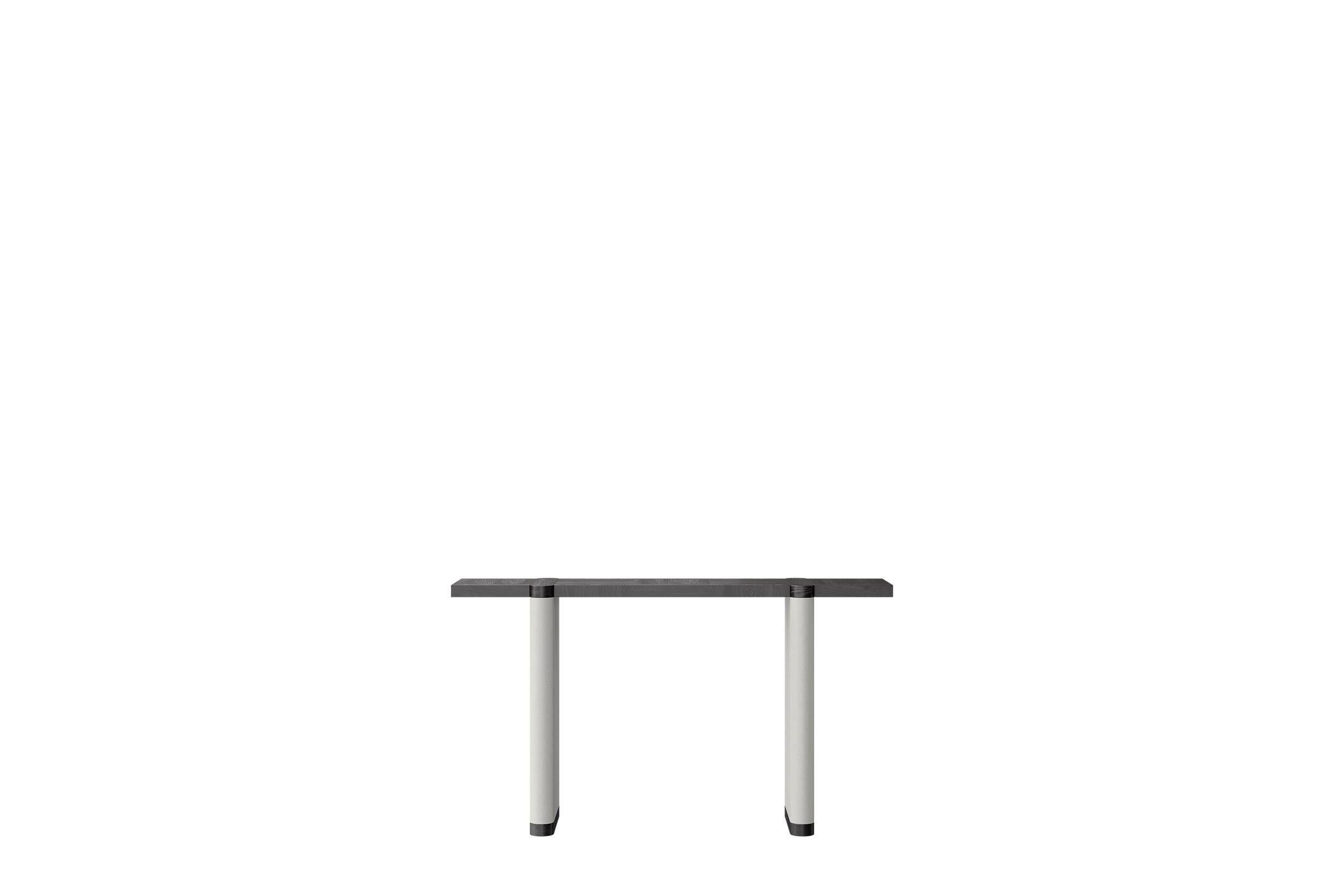Teseo Black Oak Patterned Top and Legs Plinth by Ultramobili
Dimensions:  W 146 x D 44 x H 80 cm
Materials: Black Oak, Leather. 

Console with two white legs-columns and black oak patterned top and legs plinth. Brushed finish of wood enhances its