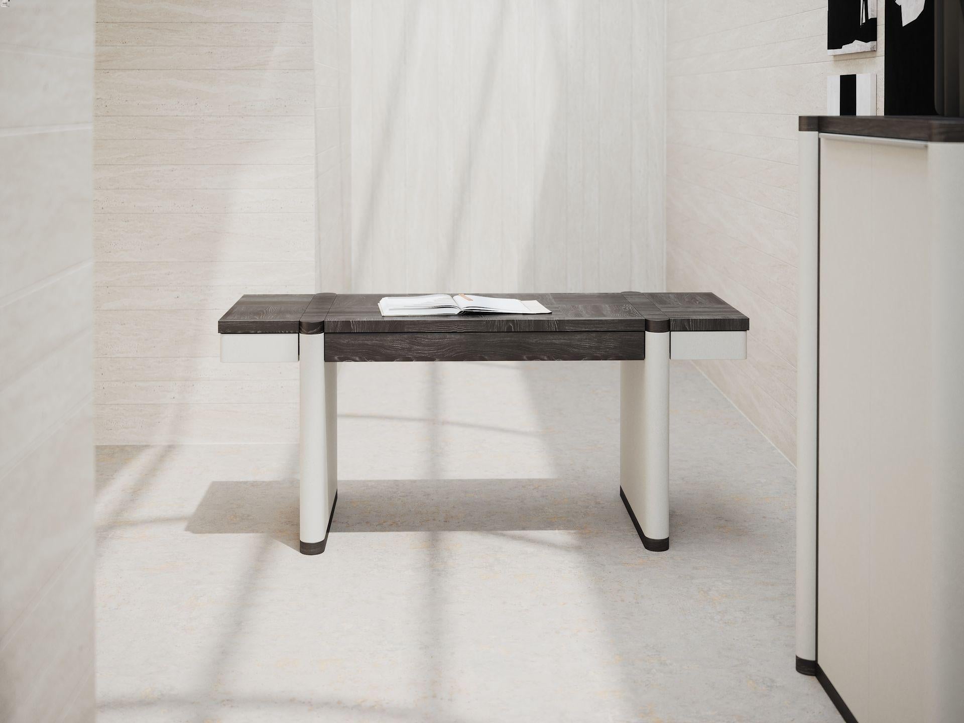 Teseo writing desk with three drawers in black oak wooden top and handmade painting white finish. Black-and-white contrast, artisanal works with wood and varnishing, pure lines and graphic geometry characterised6836 this desk. 