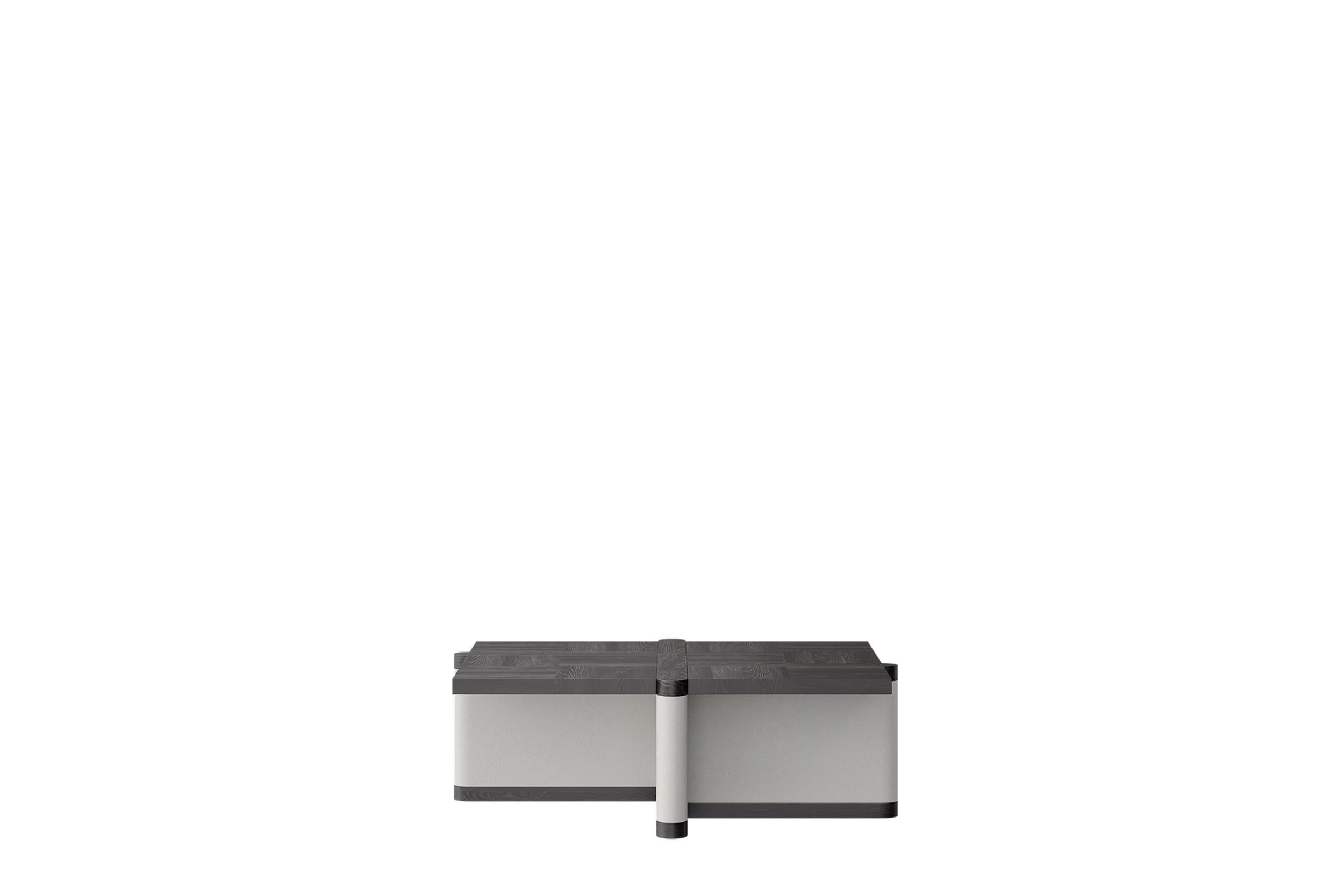 Teseo Occasional Table in Black Oak and Contrast White Legs by Ultramobili
Dimensions:  W 120 x D 97 x H 40 cm
Materials: Black Brushed Oak, Eco-leather.

Occasional table with patterned top in black brushed oak, with contrast white legs in