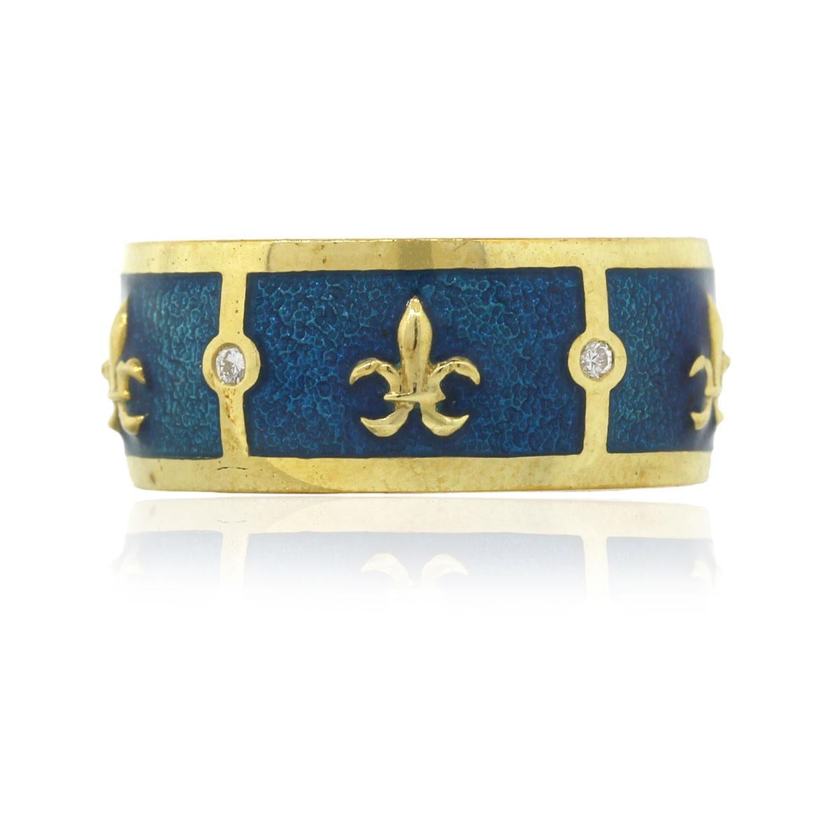 Donna Tesoro Fleur De Lis Anello a fascia con smalto blu oceano in vendita