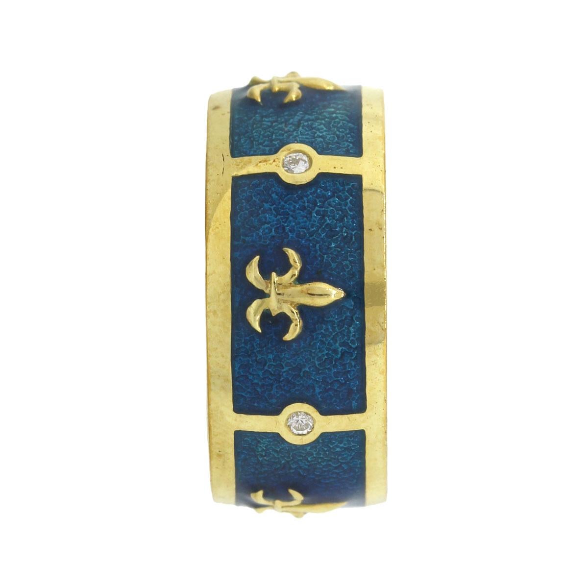 Tesoro Fleur De Lis Anello a fascia con smalto blu oceano in vendita 2