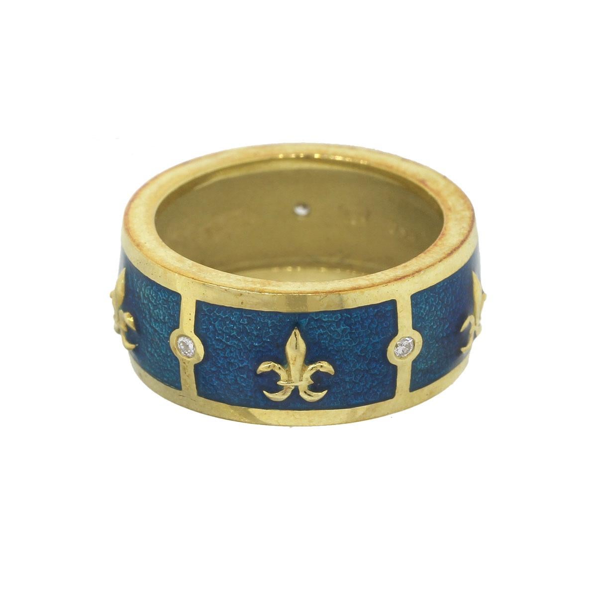 Tesoro Fleur De Lis Anello a fascia con smalto blu oceano in vendita 3