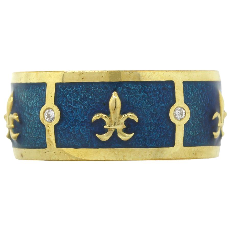 Tesoro Fleur De Lis Ocean Blue Enamel Band Ring