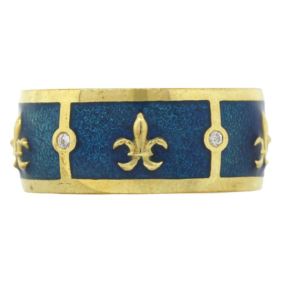 Tesoro Fleur De Lis Ocean Blue Enamel Band Ring For Sale