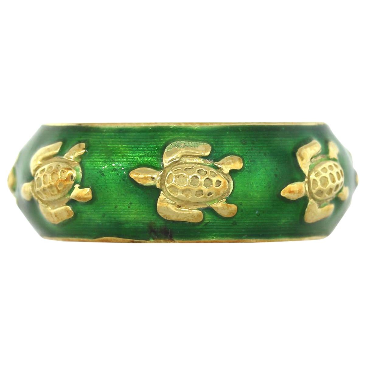 Tesoro Turtle Emerald Green Enamel Band Ring