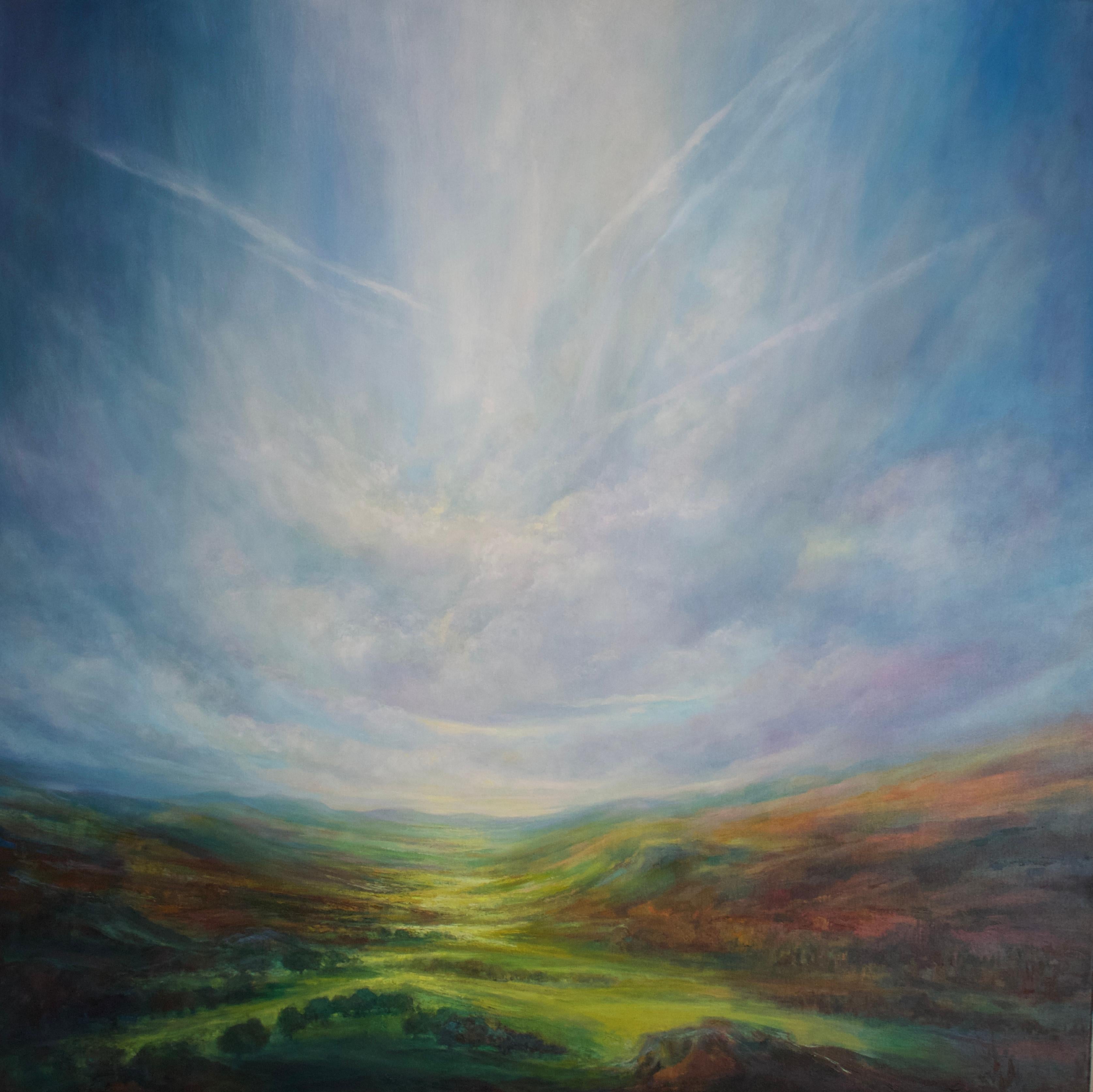 Sentiero effimero, Pittura originale, Paesaggio, Tramonto, Prato - Landscape Painting Grigio di Tess Gartland-Jones 