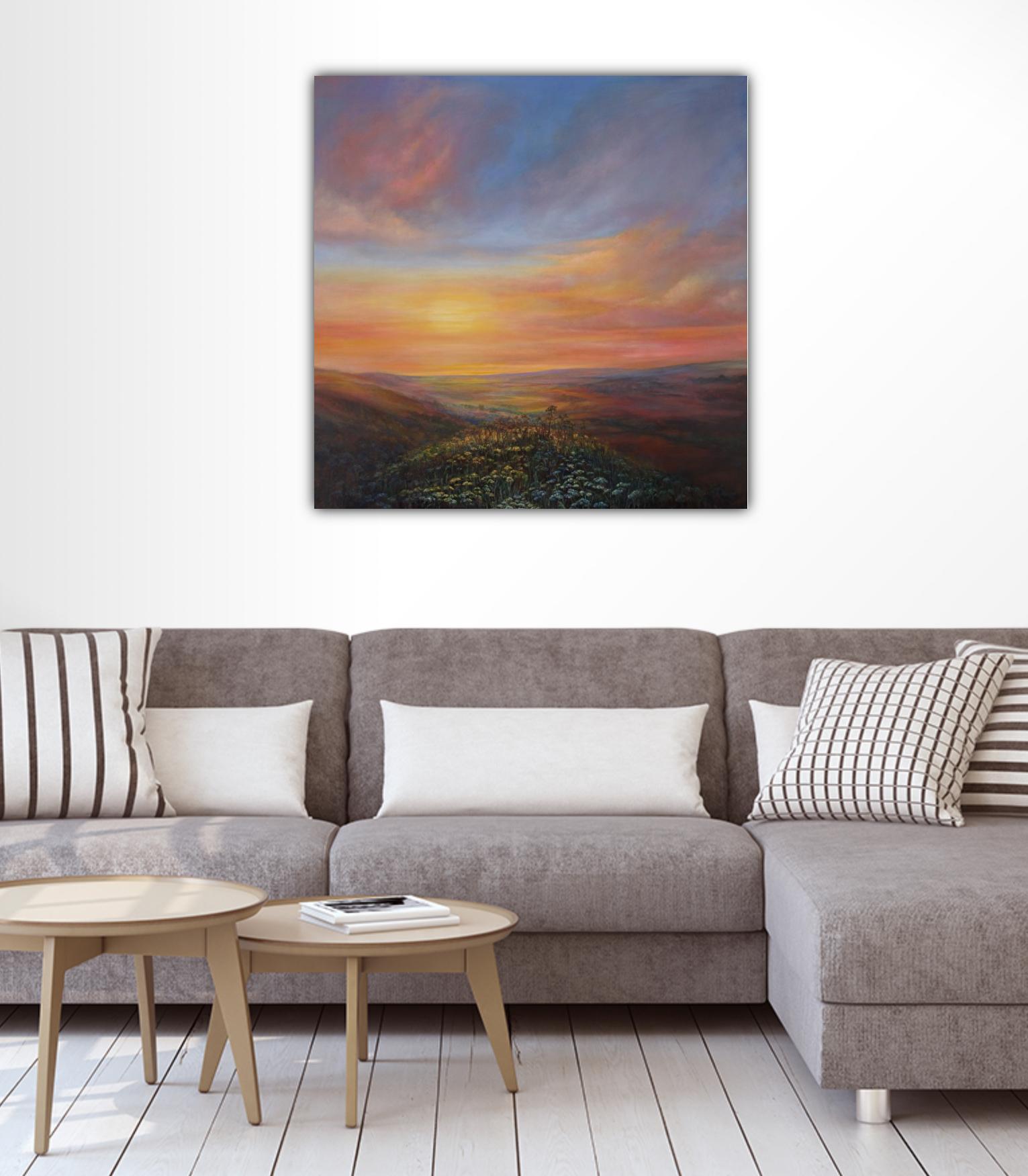 Brise d'été, peinture originale, paysage, coucher de soleil, prairie en vente 2