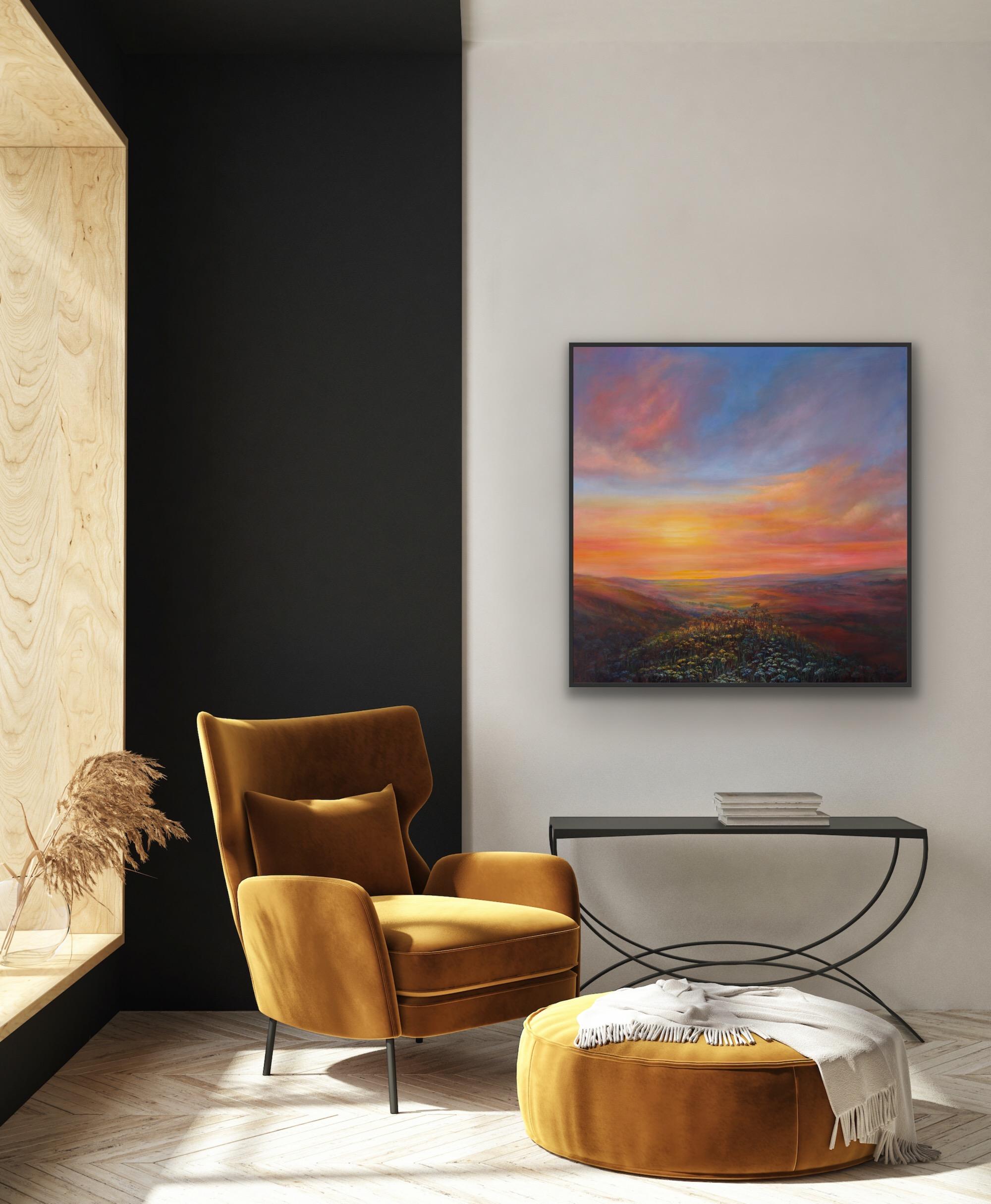 Brise d'été, peinture originale, paysage, coucher de soleil, prairie en vente 3