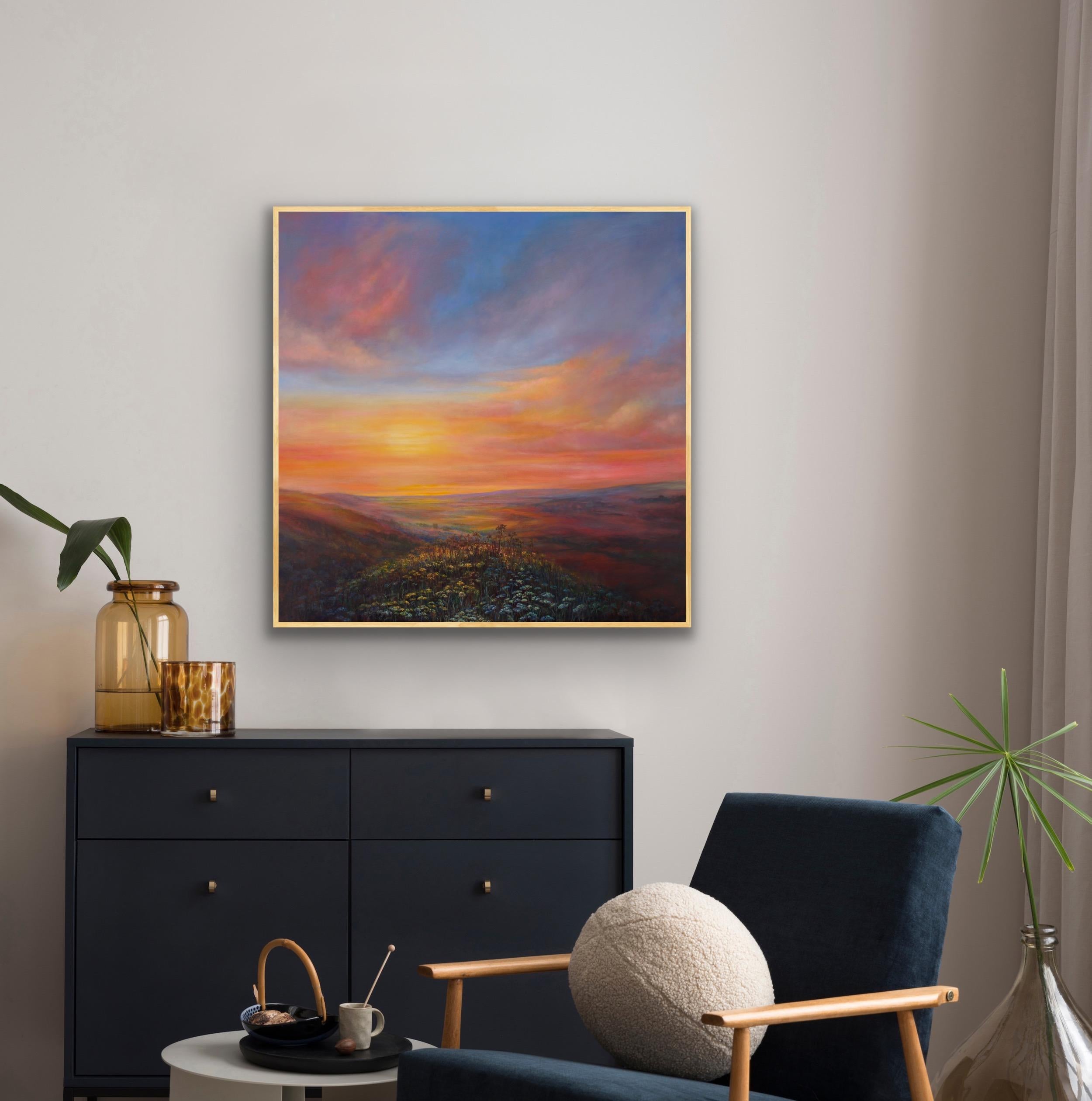 Brise d'été, peinture originale, paysage, coucher de soleil, prairie en vente 5