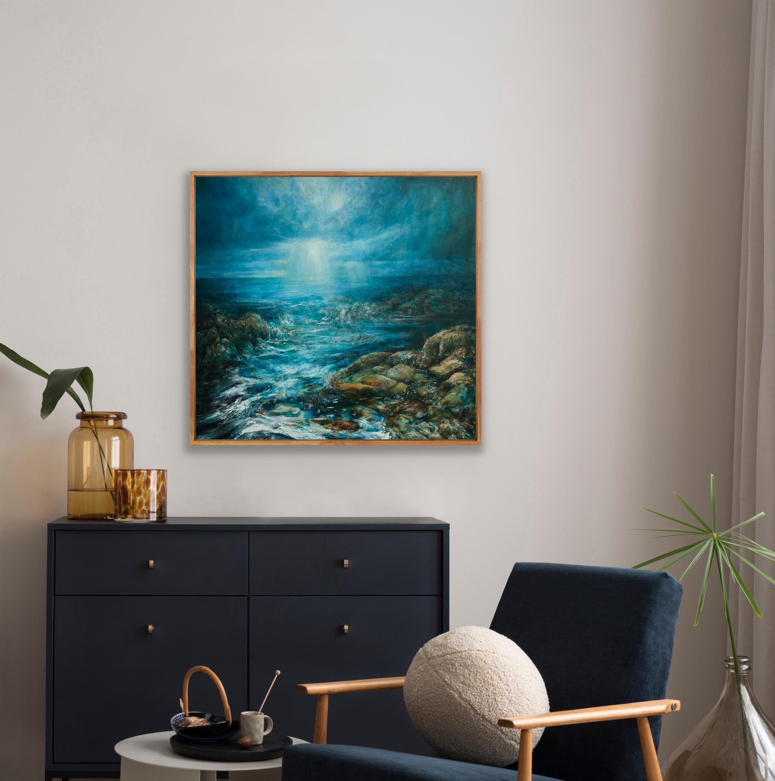 Marée montante, peinture originale, paysage, coucher de soleil, prairie en vente 3
