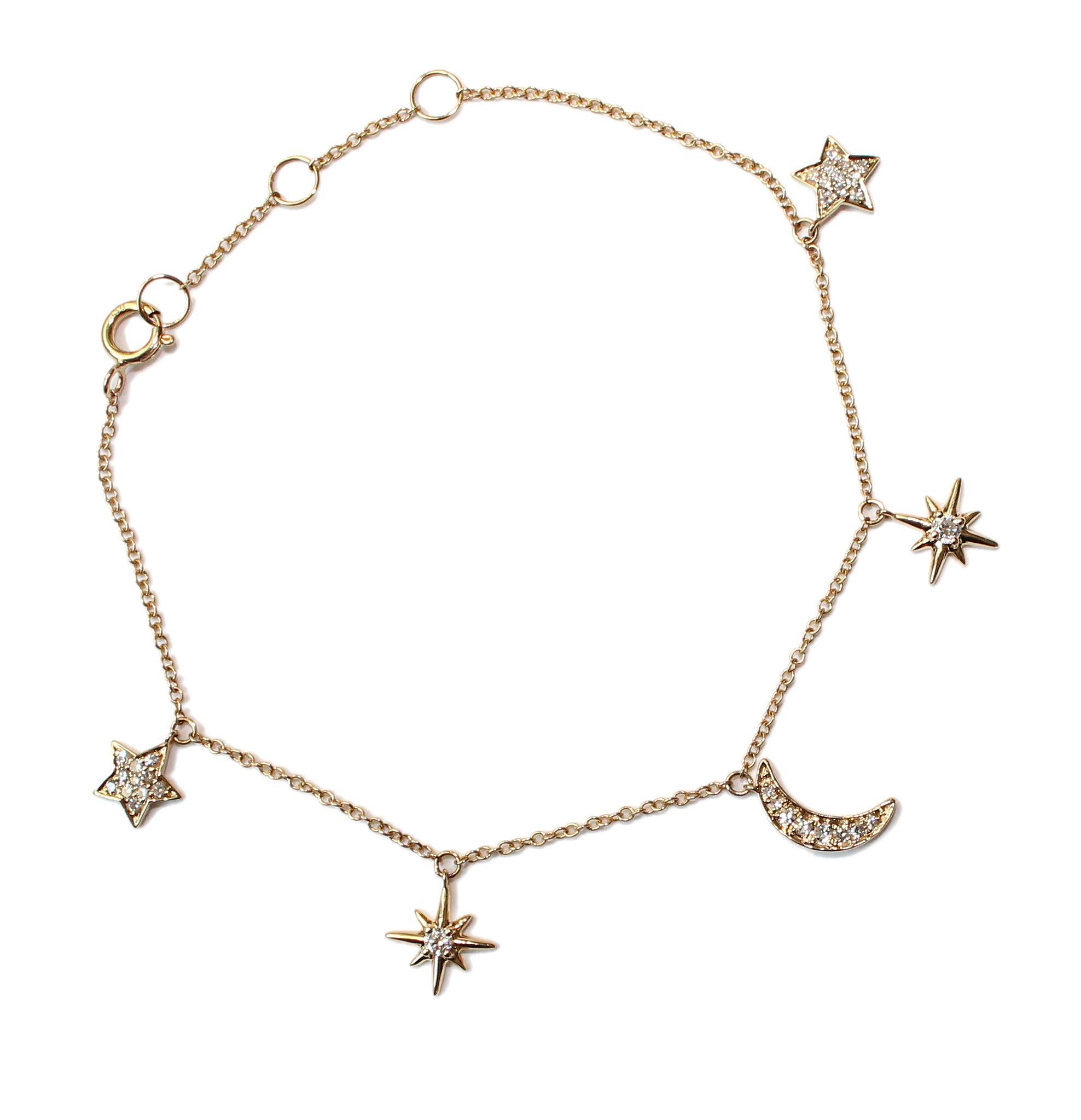 Tess Van Ghert 18k Gold Stars And Moon Diamant-Charm-Armband (Rundschliff) im Angebot