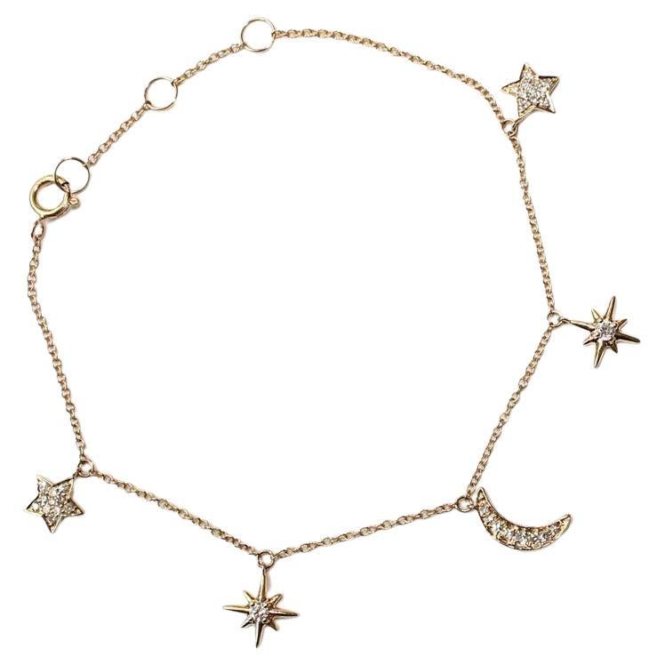 Tess Van Ghert 18k Gold Stars And Moon Diamond Charm Bracelet For Sale