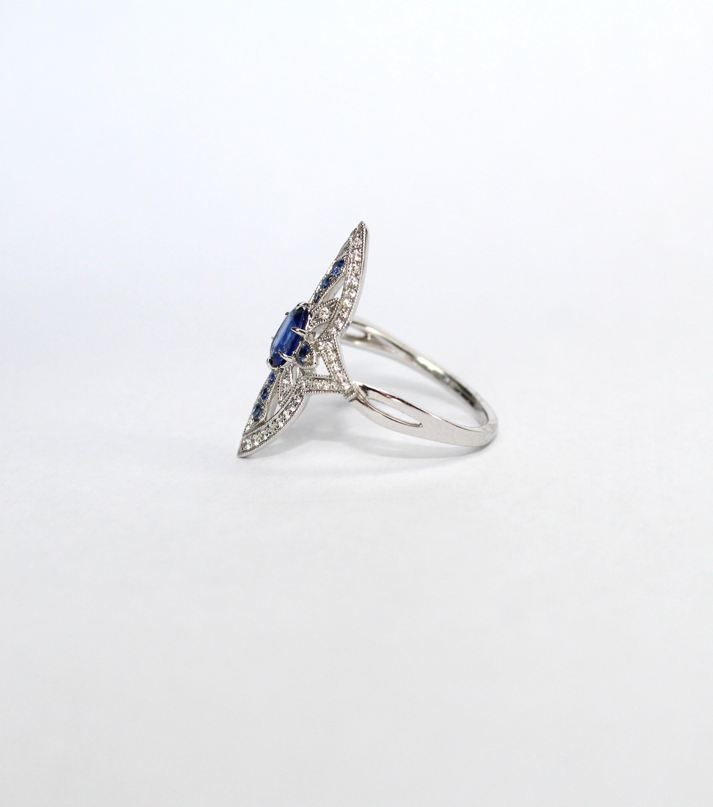 Oval Cut Tess Van Ghert 18K White Gold Art Deco Inspired Sapphire and Diamond Ring  For Sale