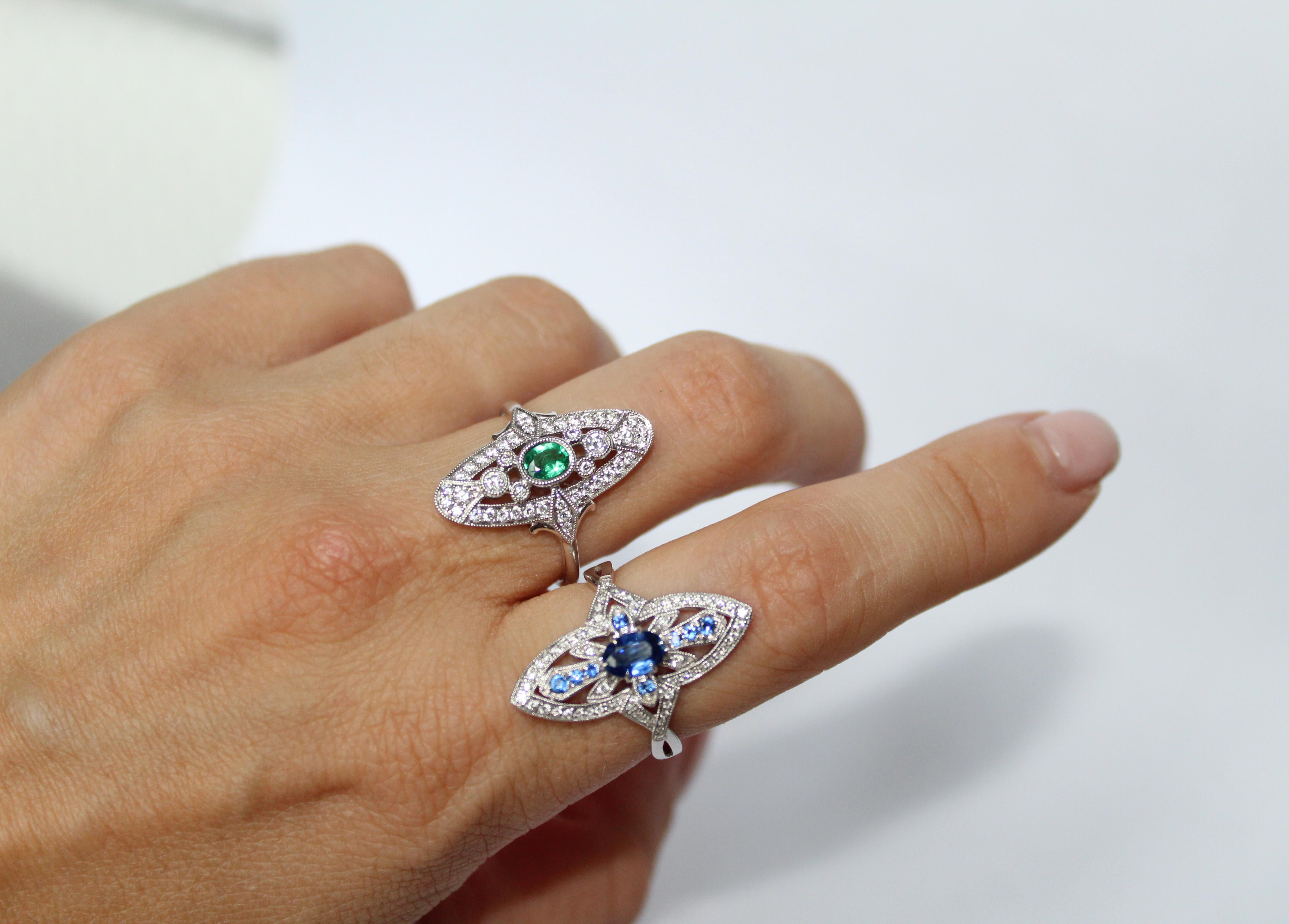 Women's Tess Van Ghert 18K White Gold Art Deco Inspired Sapphire and Diamond Ring  For Sale