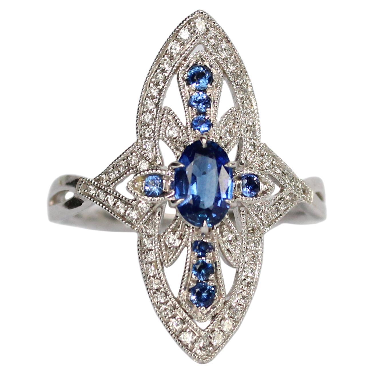 Tess Van Ghert 18K White Gold Art Deco Inspired Sapphire and Diamond Ring 