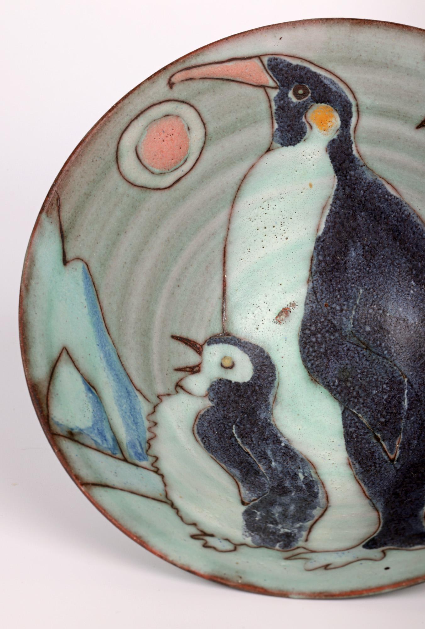 Modern Tessa Fuchs Studio Pottery Bowl Hand Decorated with Penguins For Sale