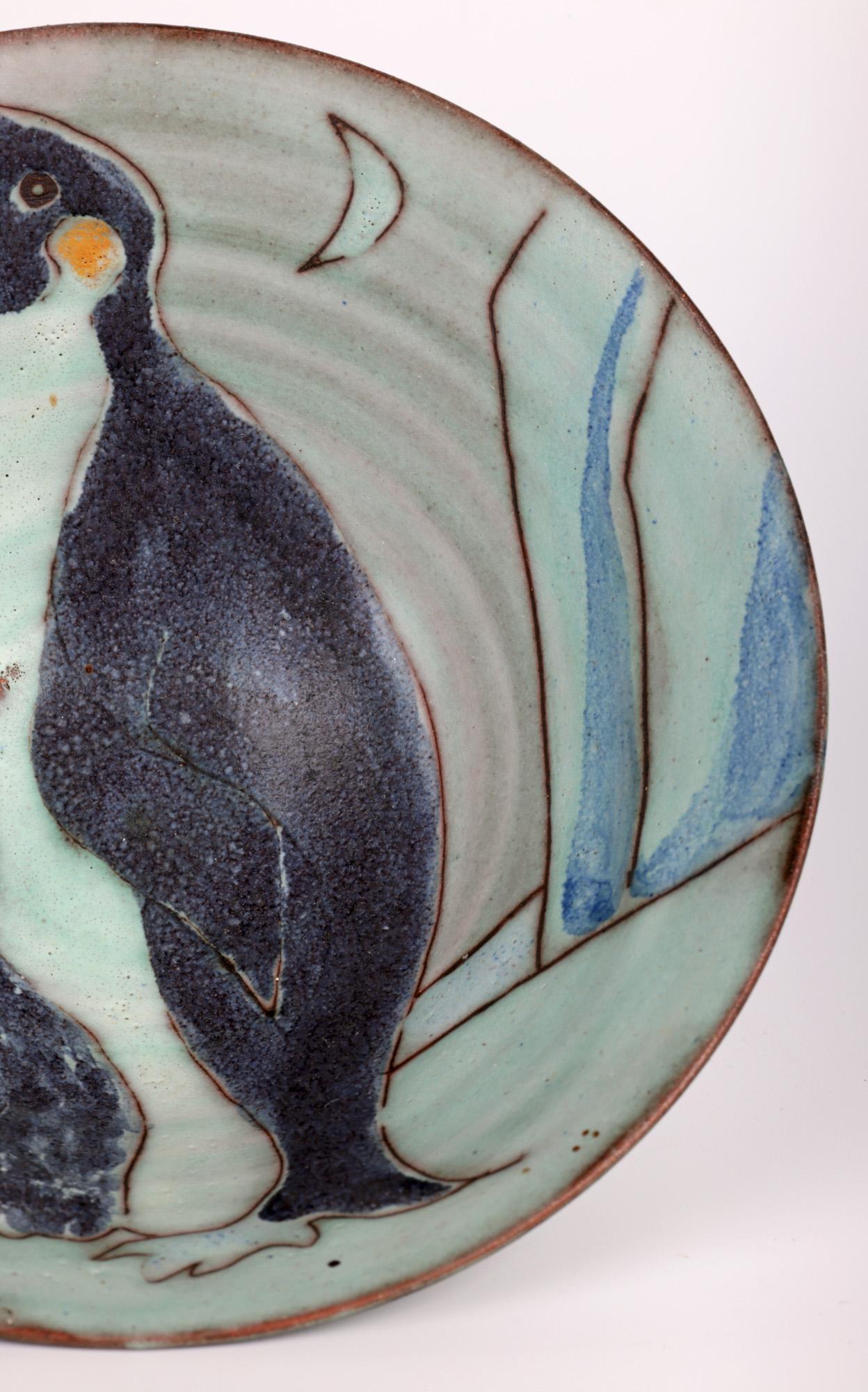 English Tessa Fuchs Studio Pottery Bowl Hand Decorated with Penguins For Sale