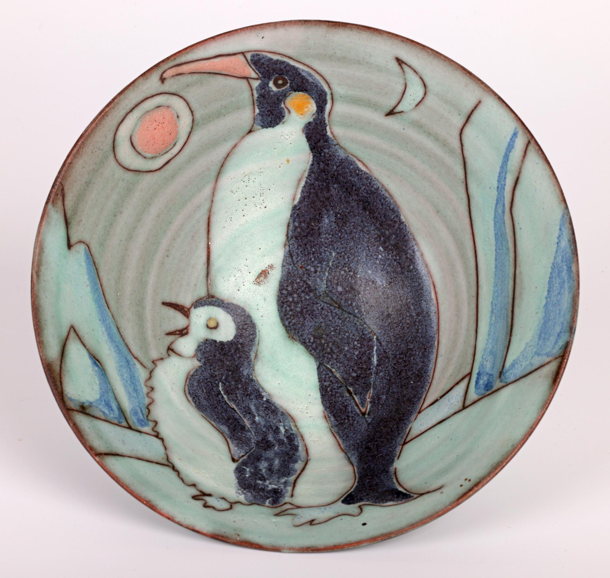 Glazed Tessa Fuchs Studio Pottery Bowl Hand Decorated with Penguins For Sale