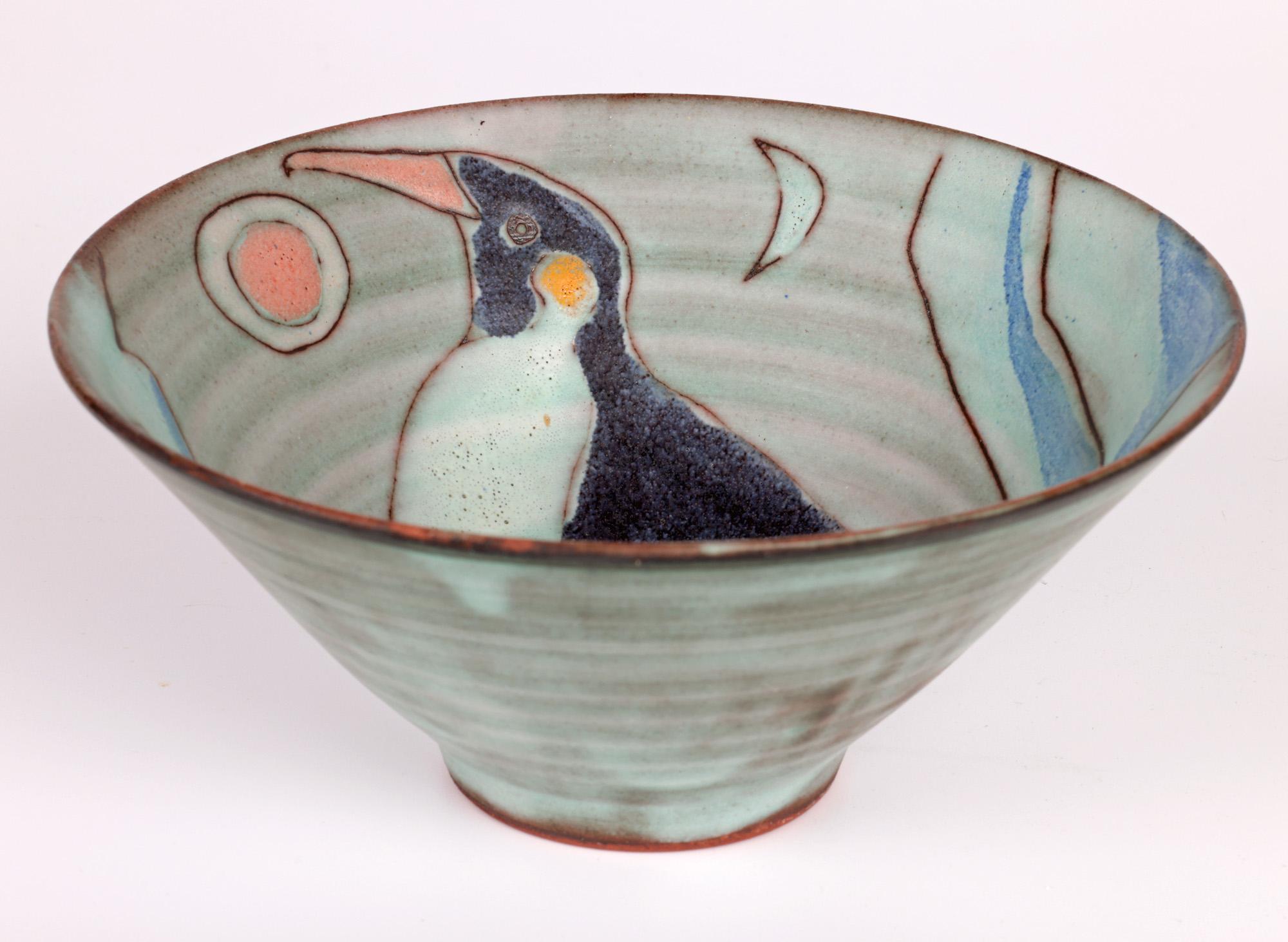 Tessa Fuchs Studio Pottery Bowl Hand Decorated with Penguins In Good Condition For Sale In Bishop's Stortford, Hertfordshire