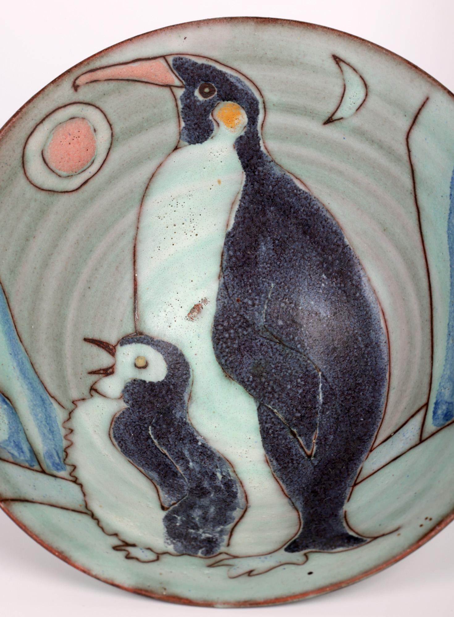 Late 20th Century Tessa Fuchs Studio Pottery Bowl Hand Decorated with Penguins For Sale