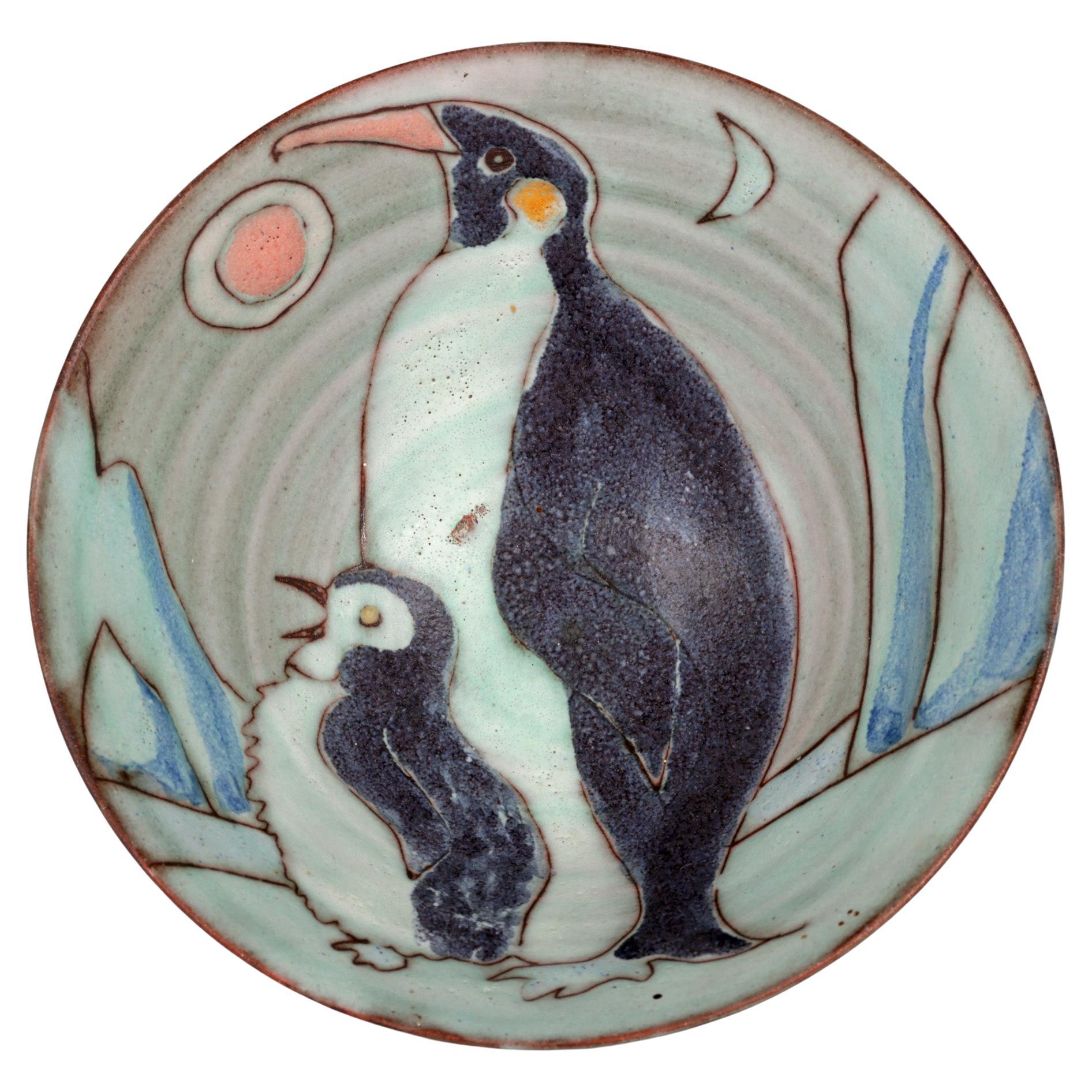 Tessa Fuchs Studio Pottery Bowl Hand Decorated with Penguins For Sale