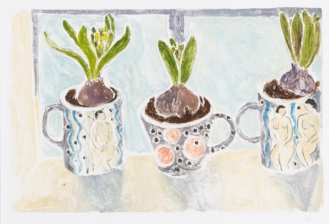 Untitled (Hyacinth Bulbs in Mugs), Styrofoam Print by Tessa Newcomb B. 1955

Additional information:
Medium: Styrofoam print with paintwork on card
Dimensions: 28.1 x 43.7 cm
11 x 17 1/4 in
Signed with initials

Born in Suffolk in 1955, Tessa