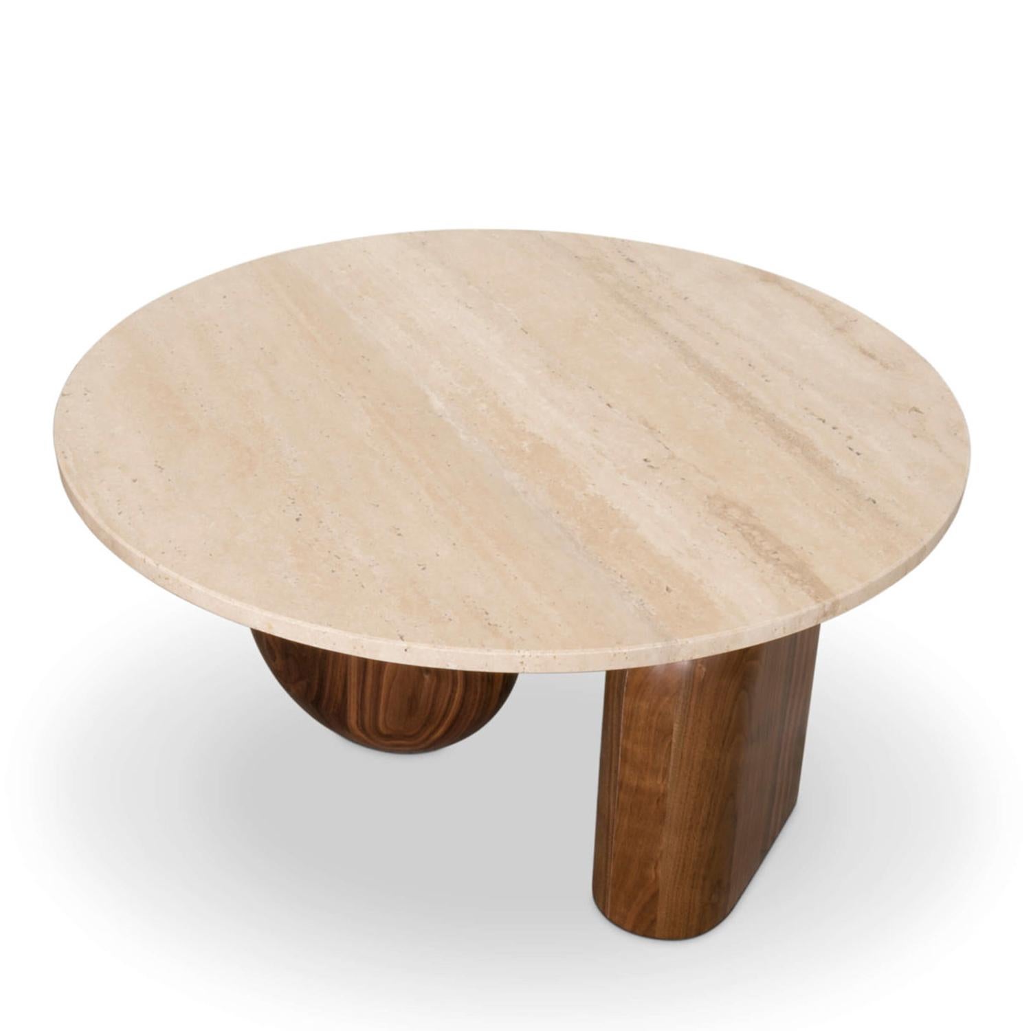 Coffee table Tessa round with solid walnut
wood bases and with travertine table top.