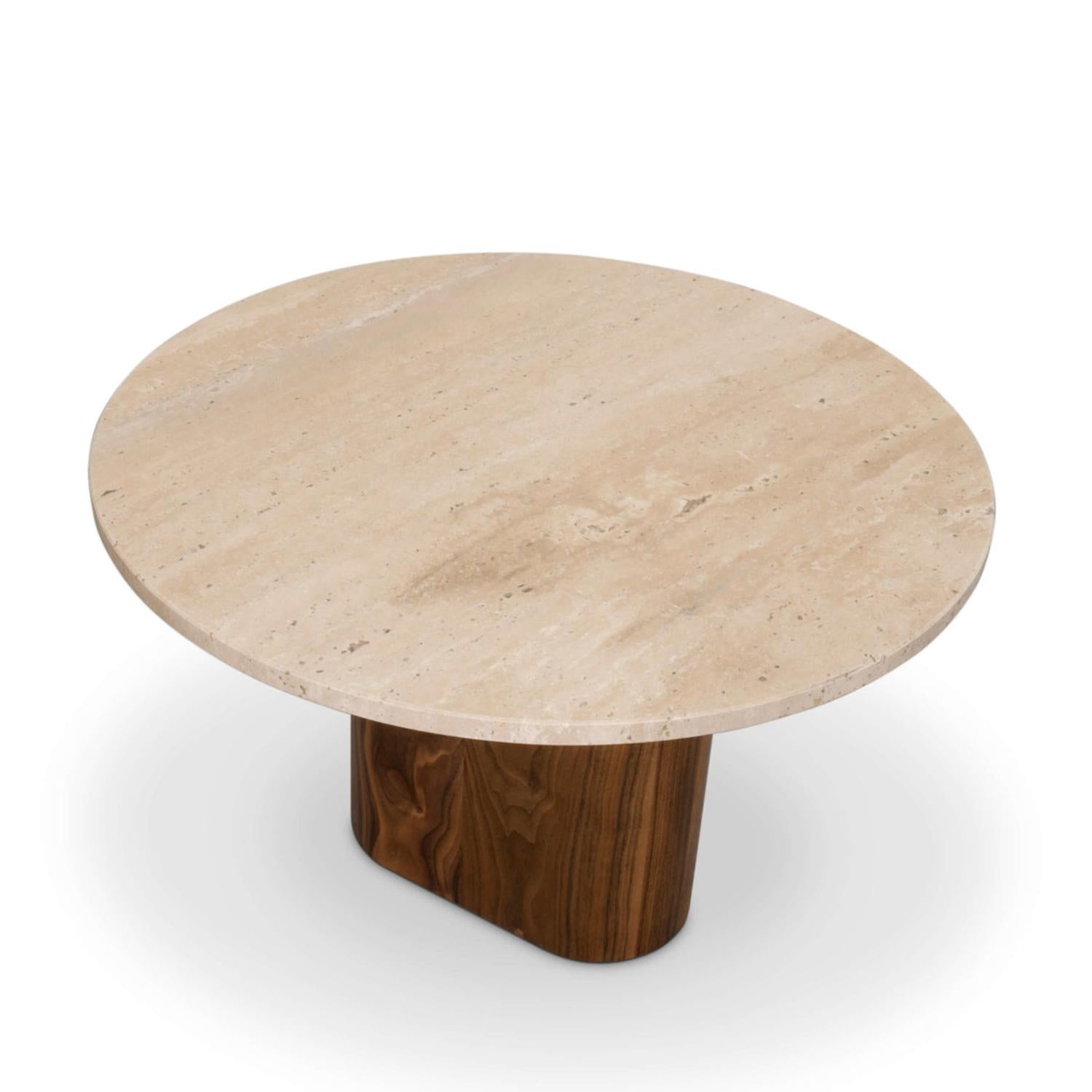 Side table Tessa with solid walnut 
wood bases and with travertine tabletop.