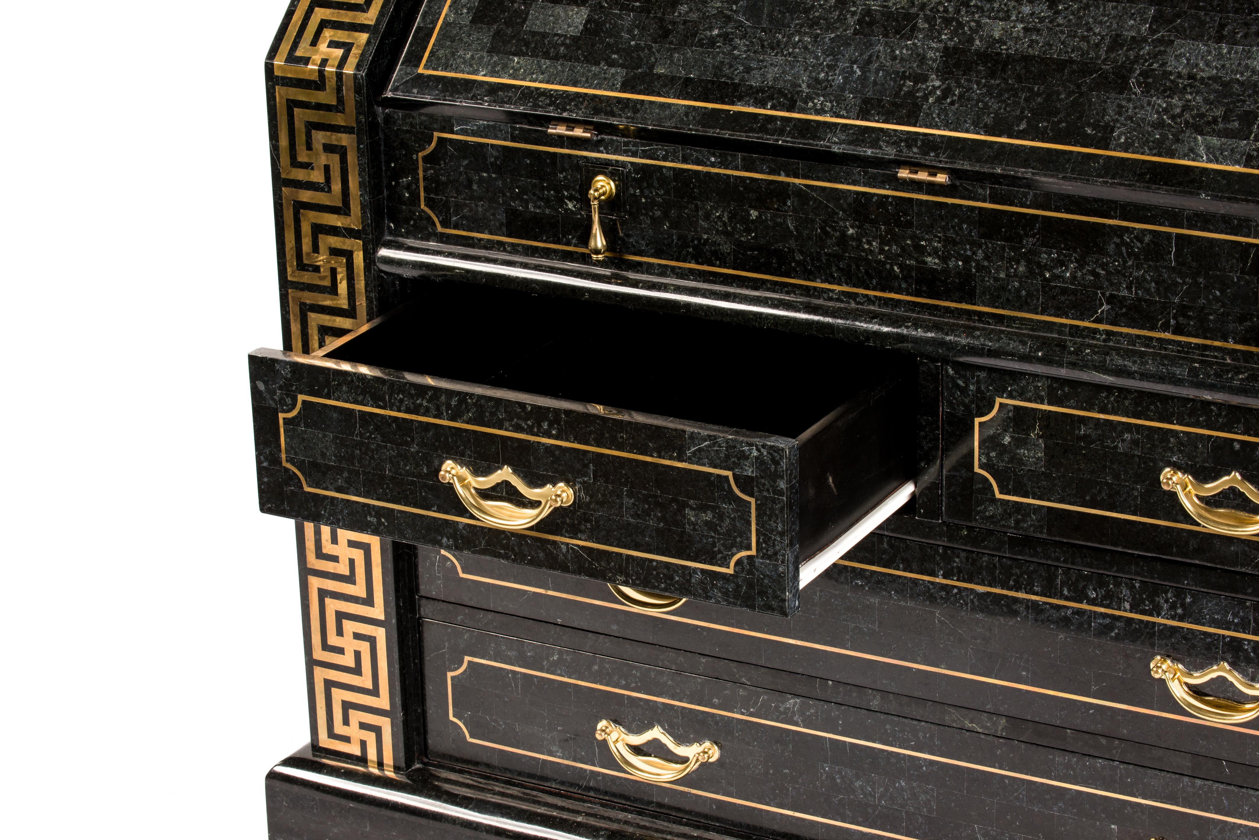 Tesselated Black Marble Stone and Brass Inlay Secretaire by Maitland-Smith For Sale 4