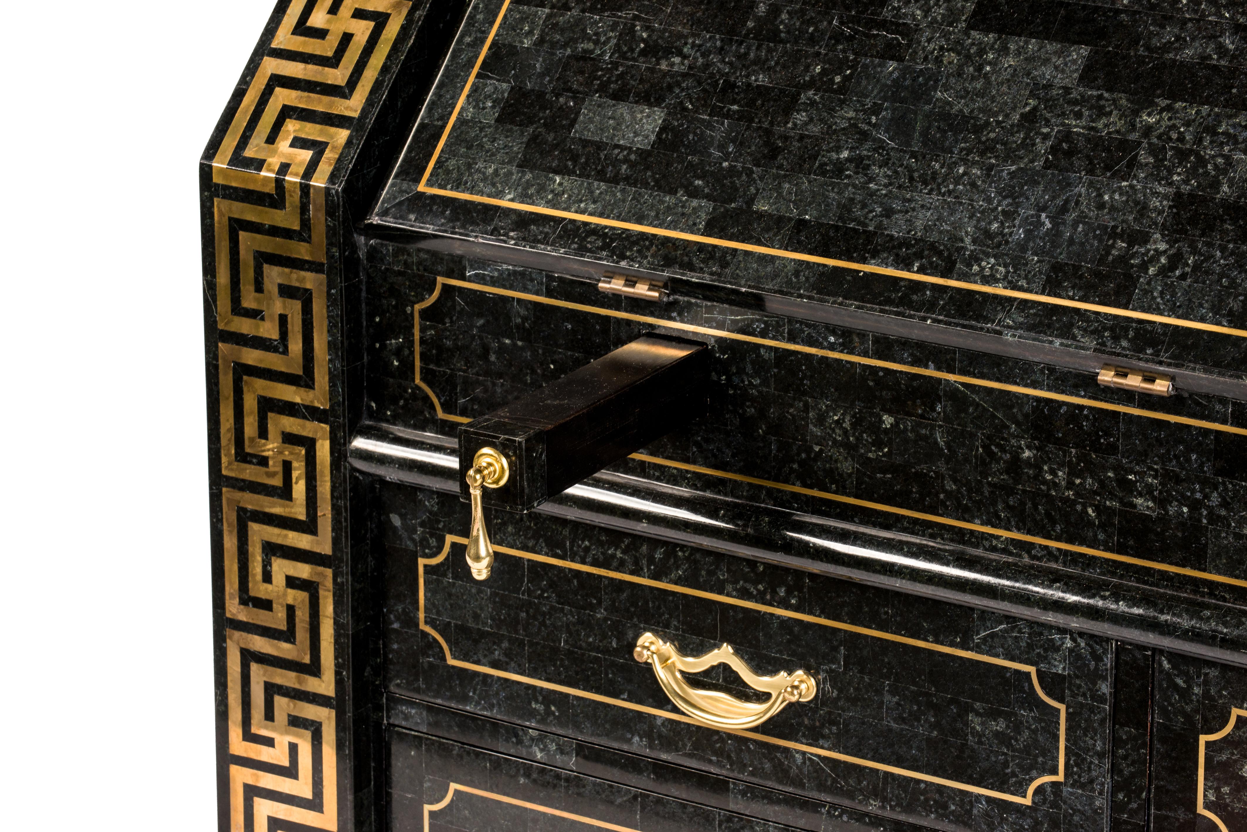 Tesselated Black Marble Stone and Brass Inlay Secretaire by Maitland-Smith For Sale 5