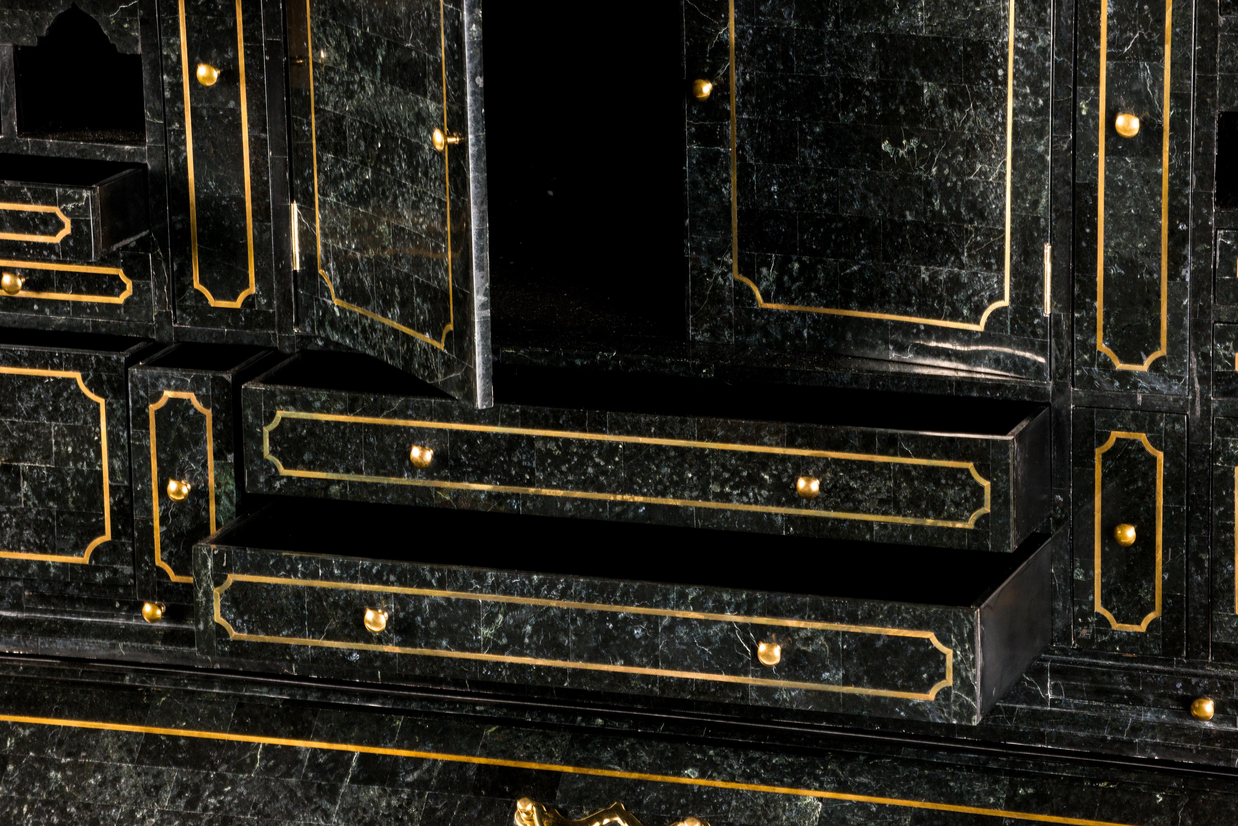 Tesselated Black Marble Stone and Brass Inlay Secretaire by Maitland-Smith For Sale 10