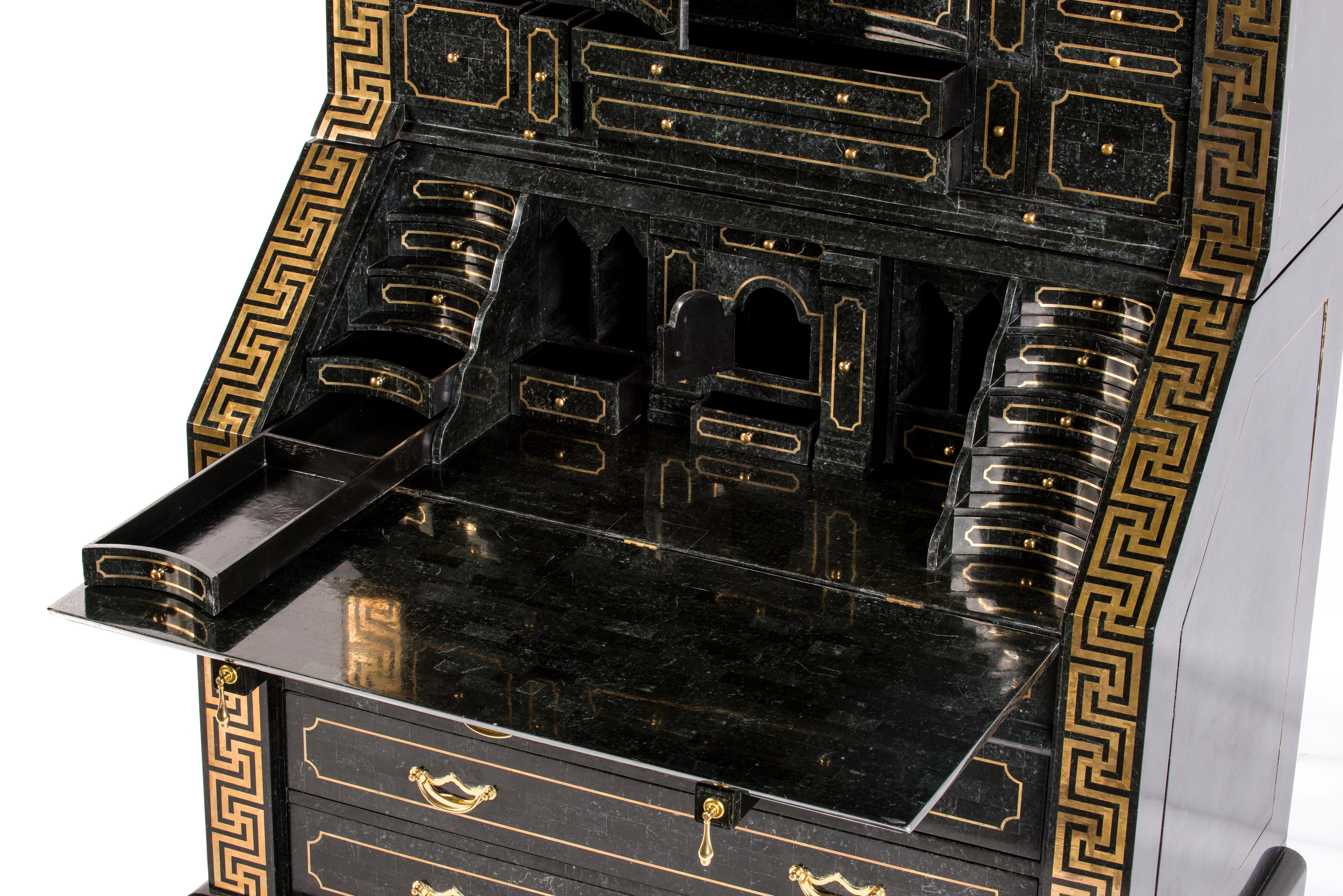 Tesselated Black Marble Stone and Brass Inlay Secretaire by Maitland-Smith For Sale 11