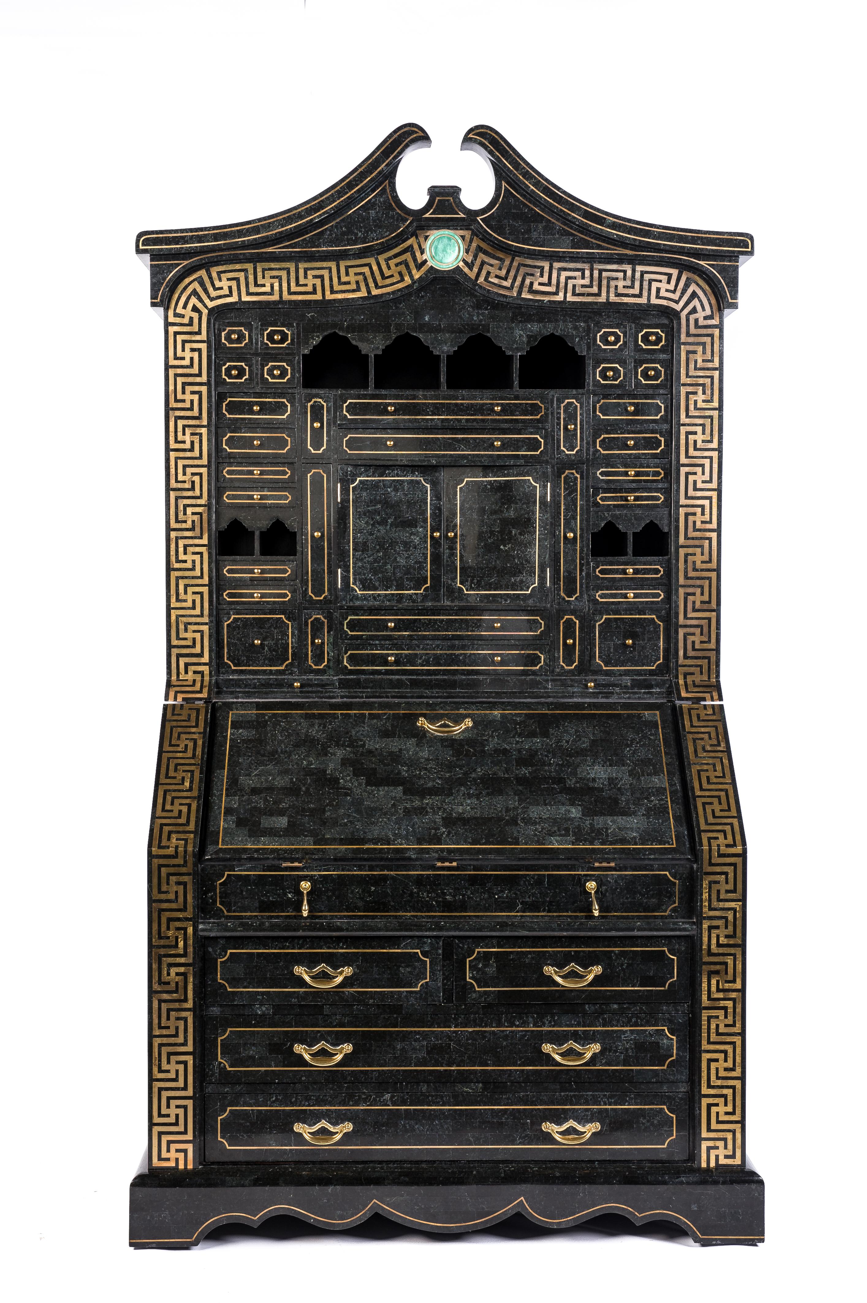 Greek Revival Tesselated Black Marble Stone and Brass Inlay Secretaire by Maitland-Smith For Sale