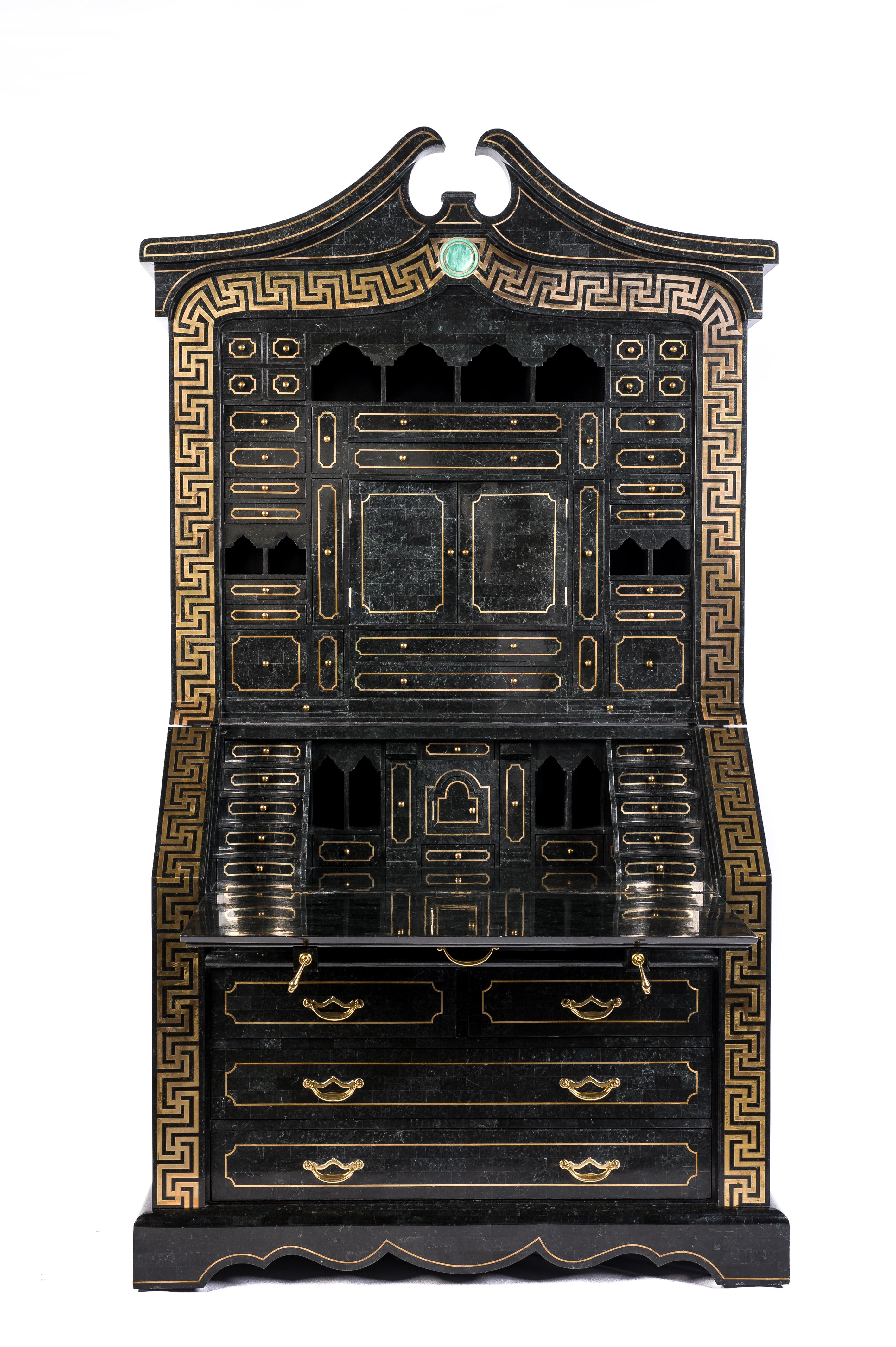 Philippine Tesselated Black Marble Stone and Brass Inlay Secretaire by Maitland-Smith For Sale