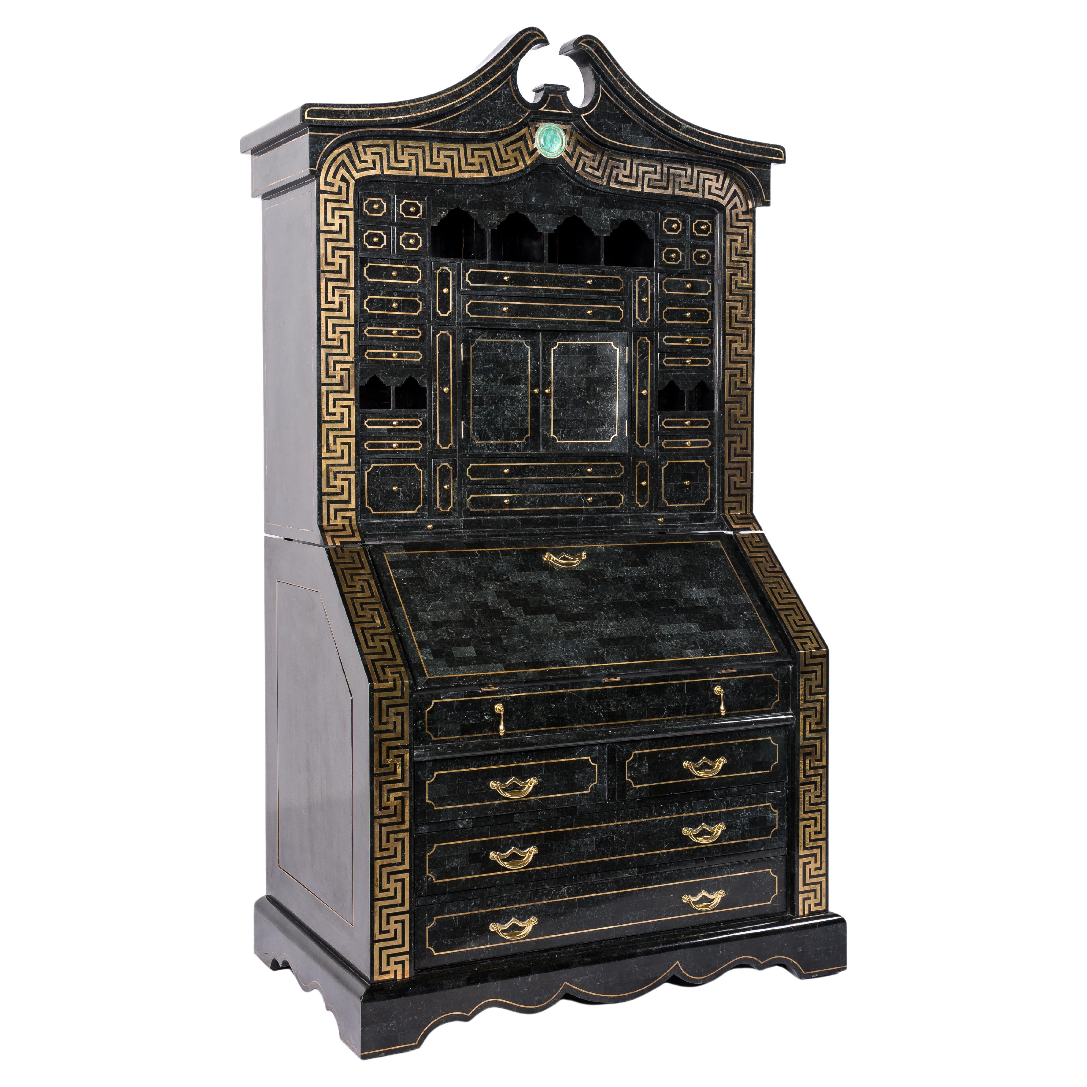 Tesselated Black Marble Stone and Brass Inlay Secretaire by Maitland-Smith For Sale