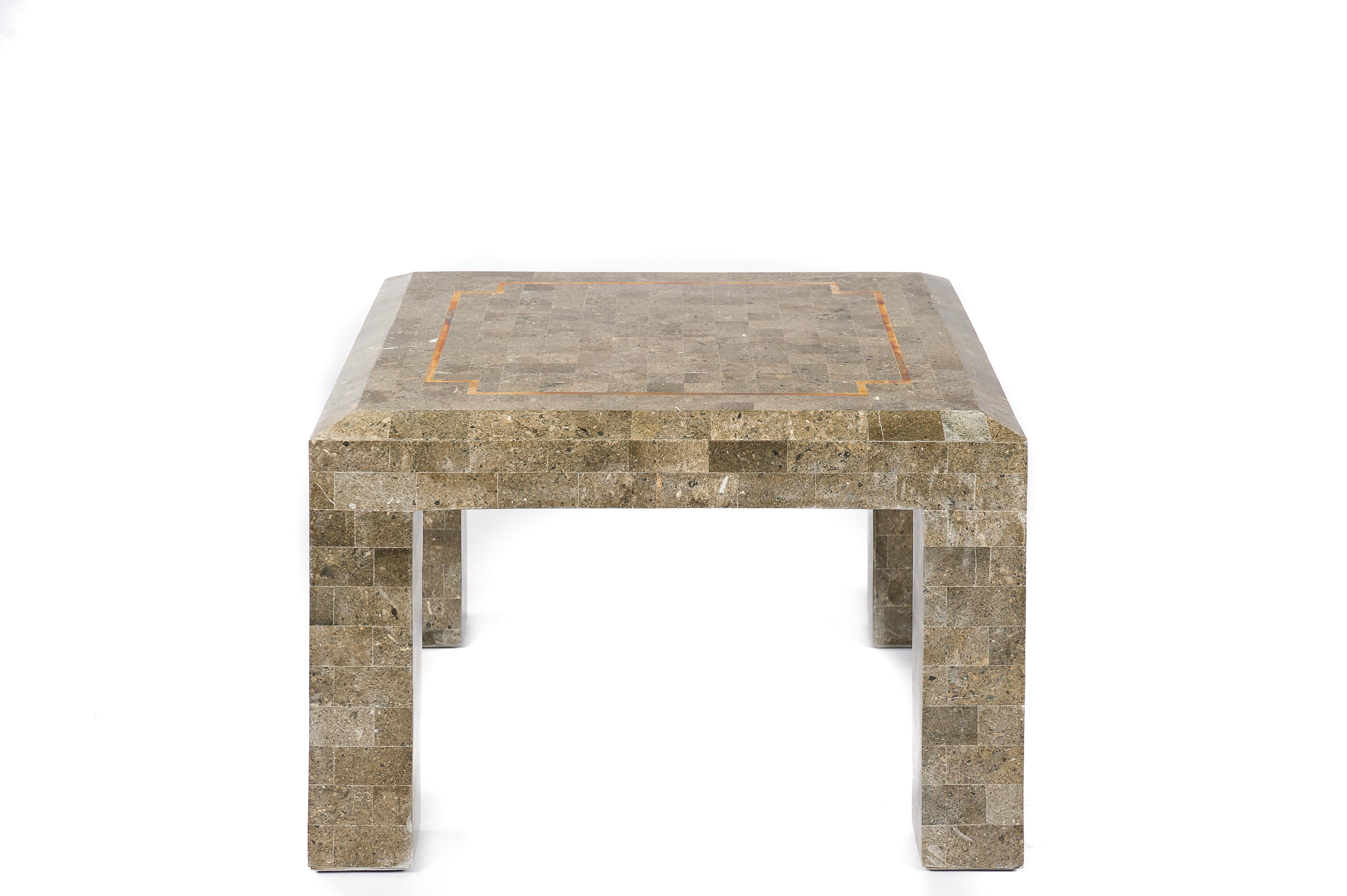 Neoclassical Tesselated fossil stone and inlaid brass coffee table by Maitland Smith For Sale