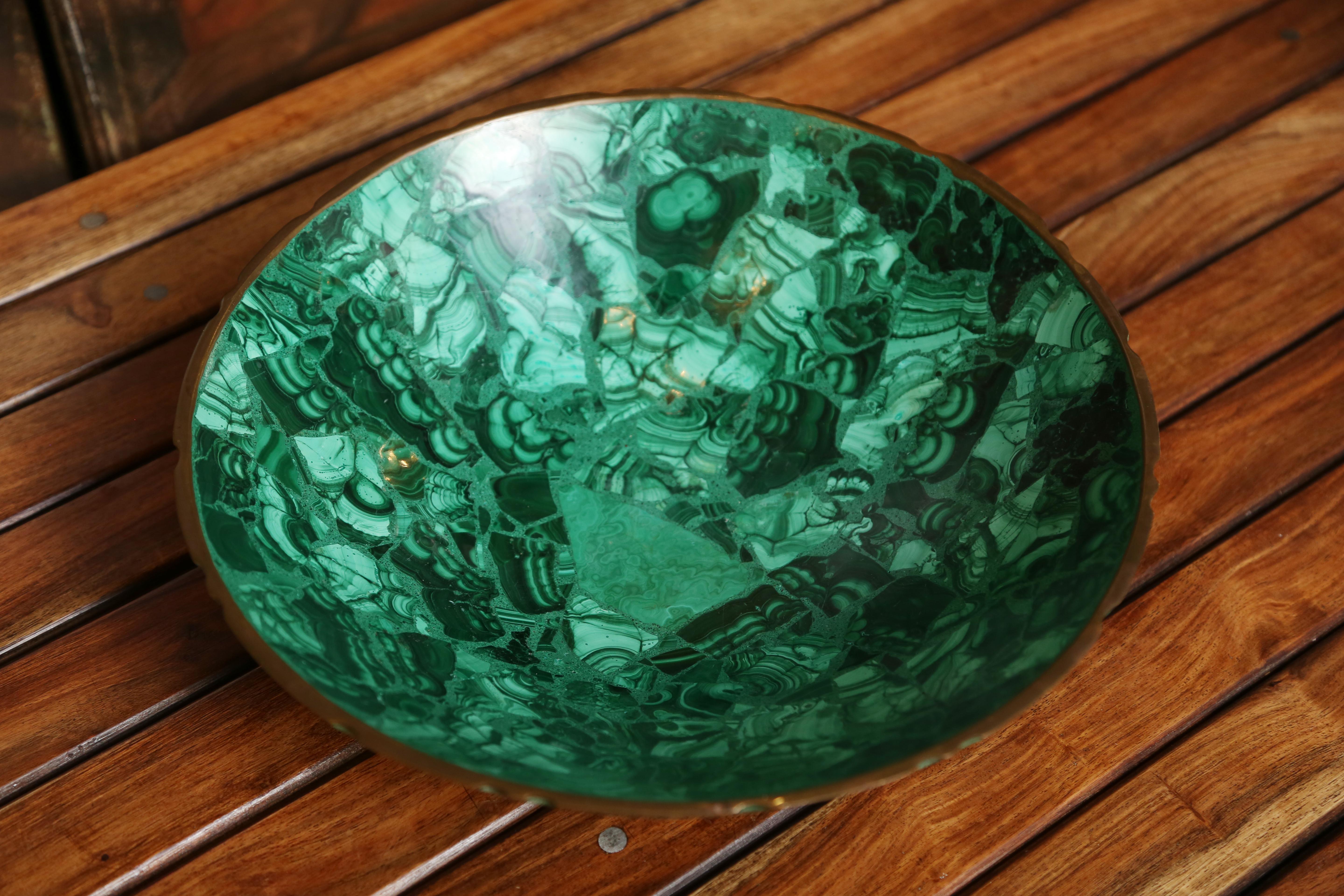 Tessellated Malachite Bowl with Bronze Trim In Good Condition In West Palm Beach, FL