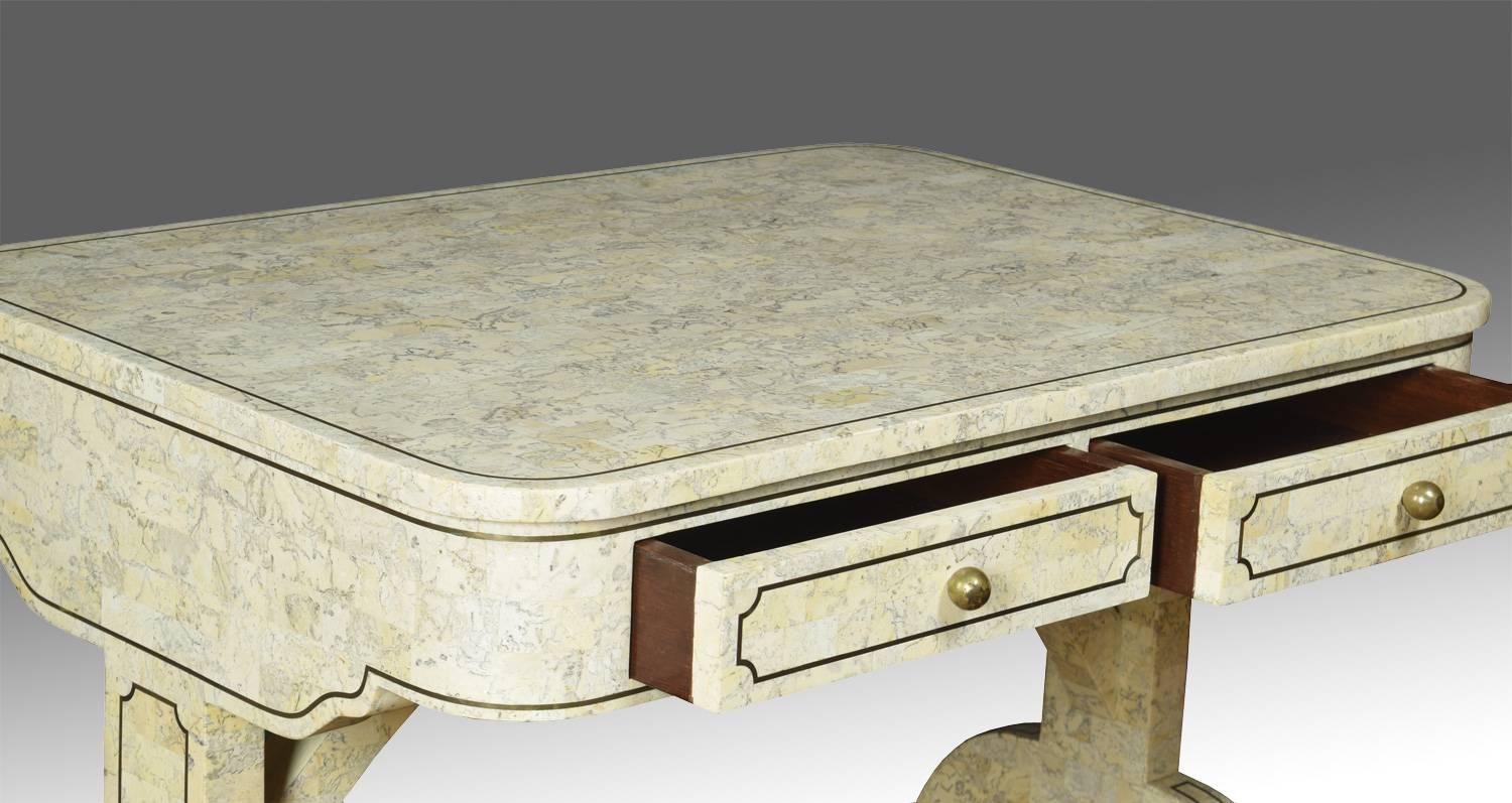 European Tesselated Stone and Brass Sofa Table by Maitland Smith