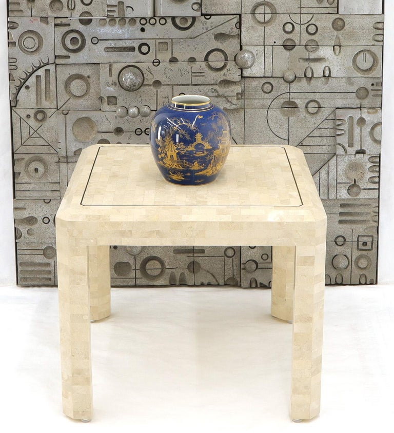 Tesselated Stone Brass Inlay Square Side End Table For Sale at 1stDibs