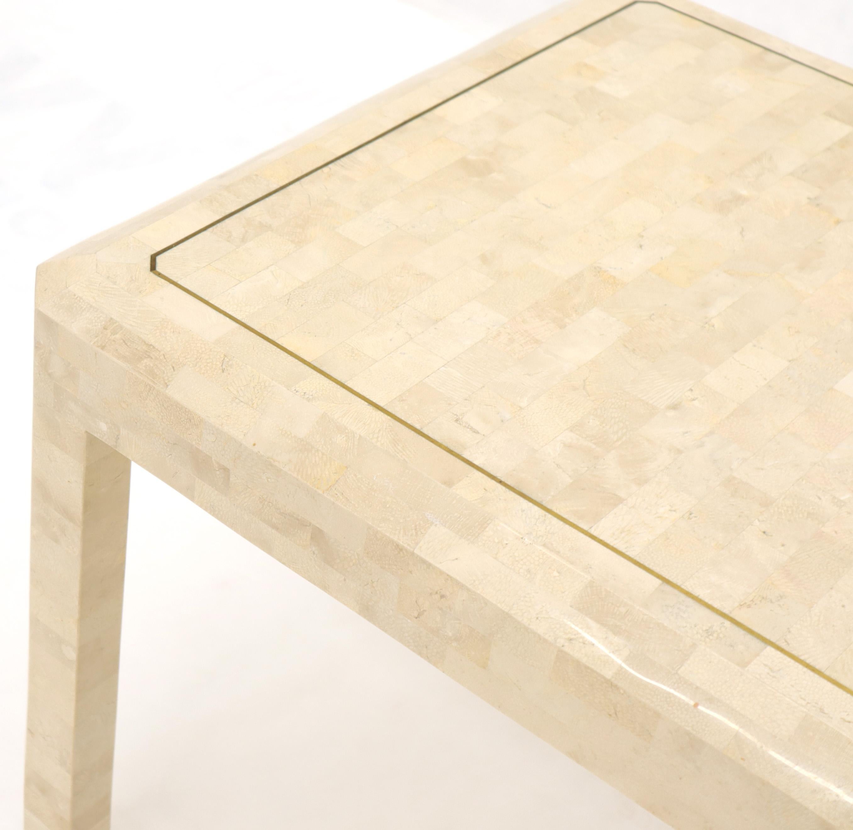 Travertine Tesselated Stone Brass Inlay Square Side End Table For Sale