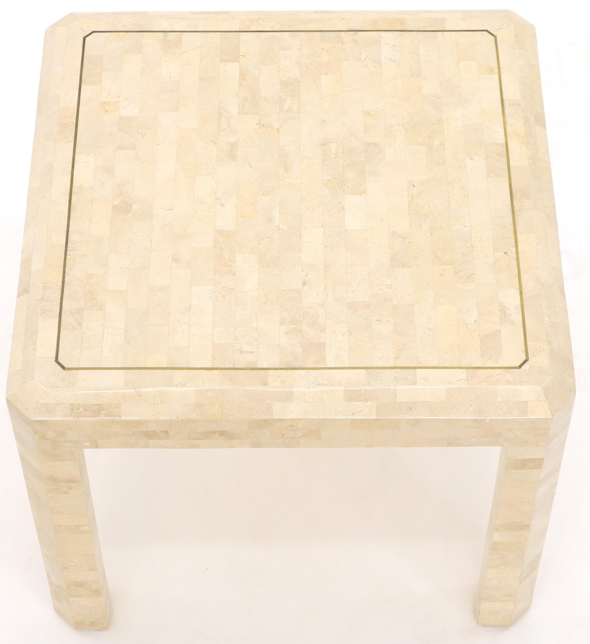 Tesselated Stone Brass Inlay Square Side End Table For Sale 1