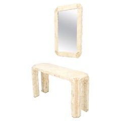 Tesselated Stone Marble Brass Inlaid Console Sofa Entry Hall  Table avec miroir