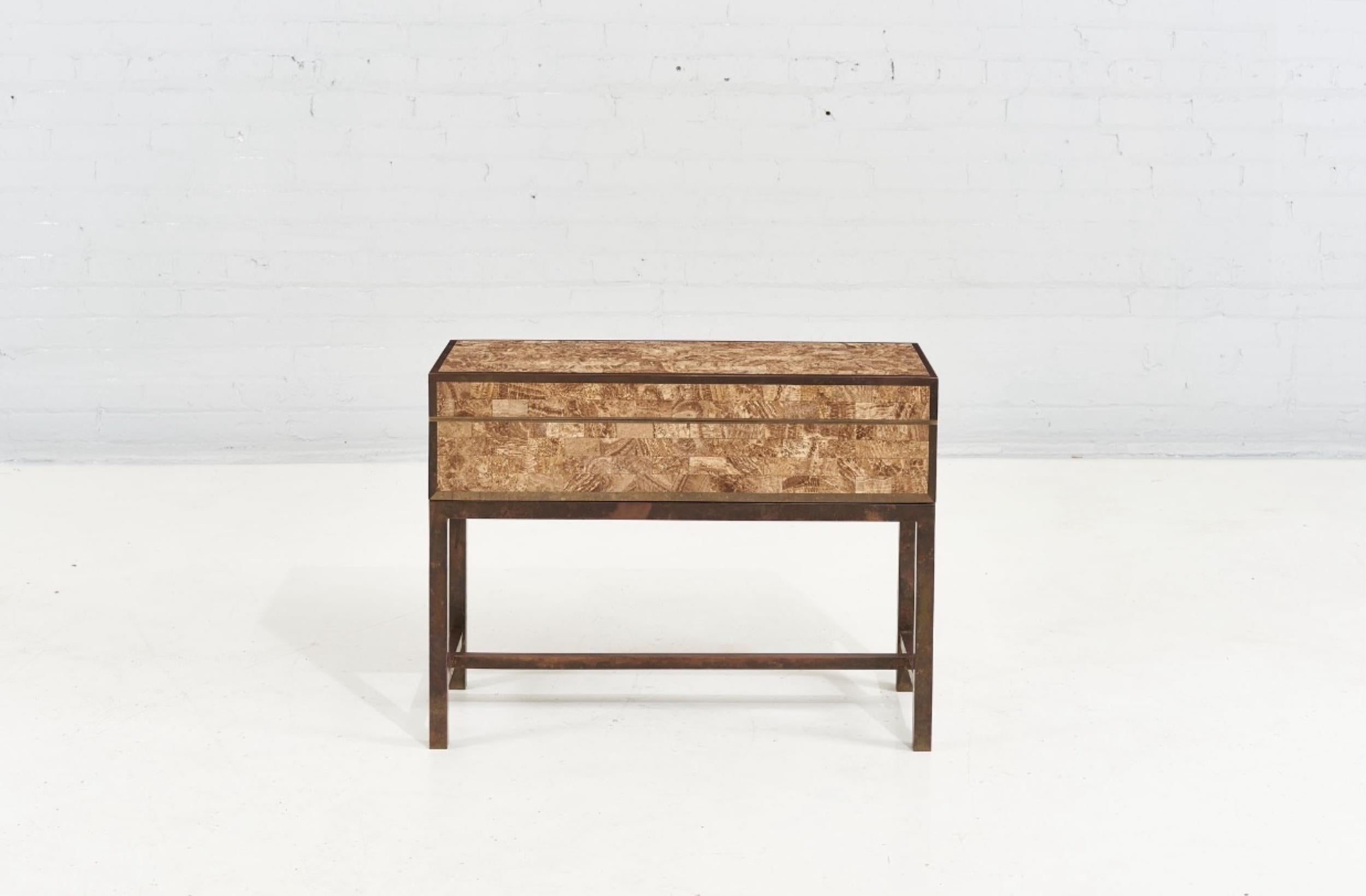 Tessellated stone with brass frame and brass base mini chest/trunk, 1970.
